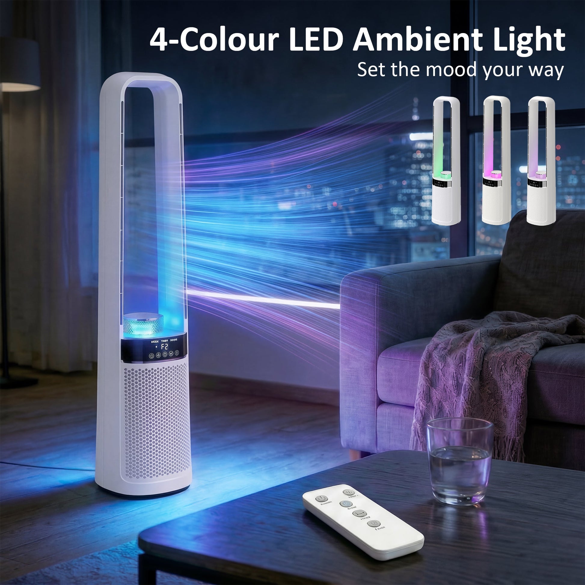 Bladeless Tower Fan for Bedroom, 36dB Standing Cooling Fan with 45° Oscillating, LED Lights, 3 Speeds, 12H Timer, Remote Control, 37 inch, White