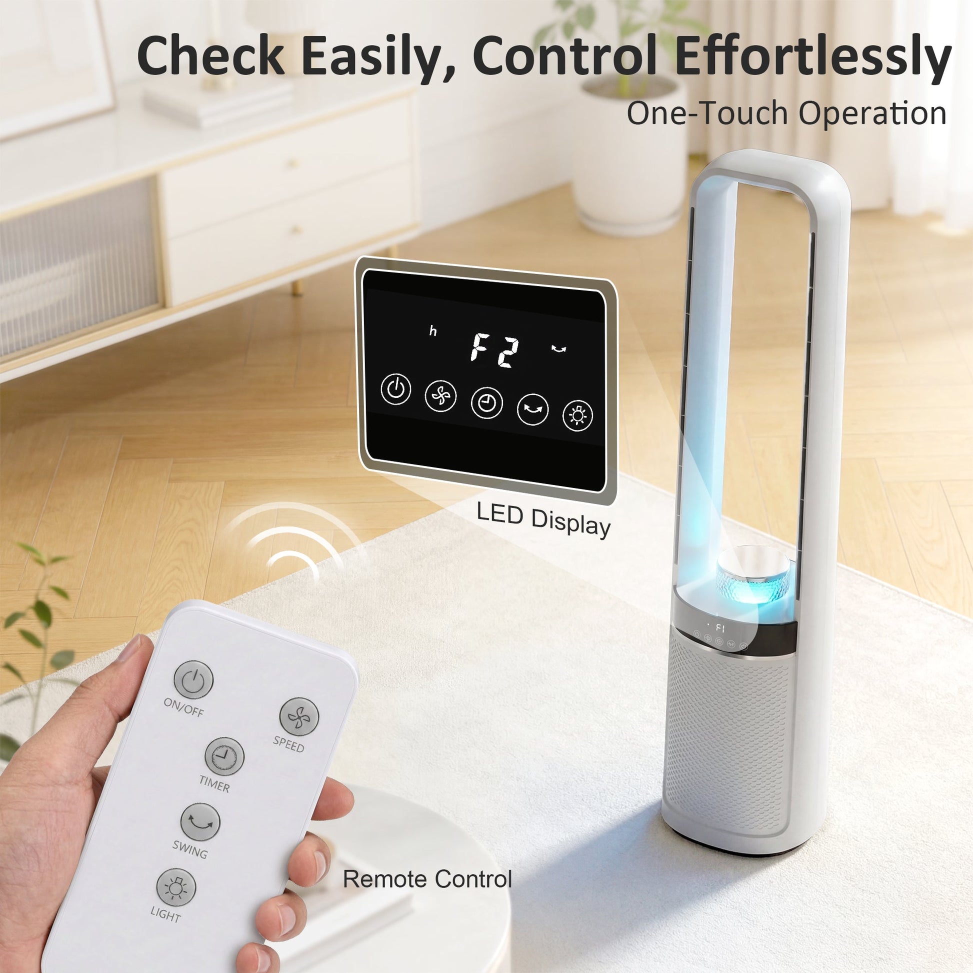 Bladeless Tower Fan for Bedroom, 36dB Standing Cooling Fan with 45° Oscillating, LED Lights, 3 Speeds, 12H Timer, Remote Control, 37 inch, White