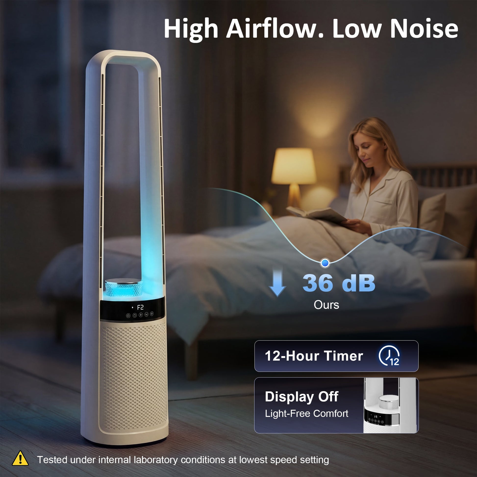 Bladeless Tower Fan for Bedroom, 36dB Standing Cooling Fan with 45° Oscillating, LED Lights, 3 Speeds, 12H Timer, Remote Control, 37 inch, White