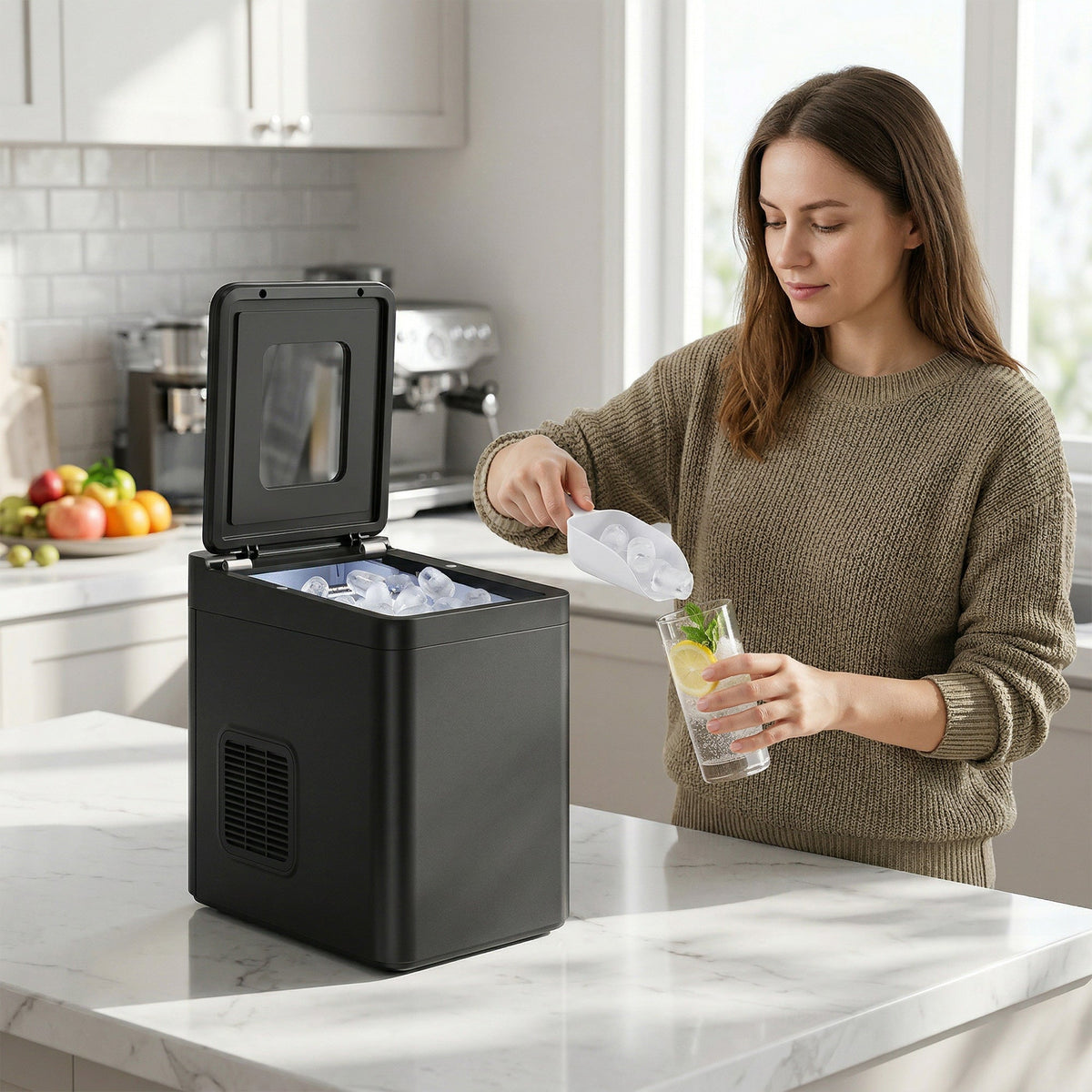 Ice Maker Machine Countertop, 12kg/24H, 9 Cubes in 7 Mins, 2 Sizes, Self-Cleaning Compact Ice Cube Maker with Scoop and Basket for Home Office Kitchen RV, Black