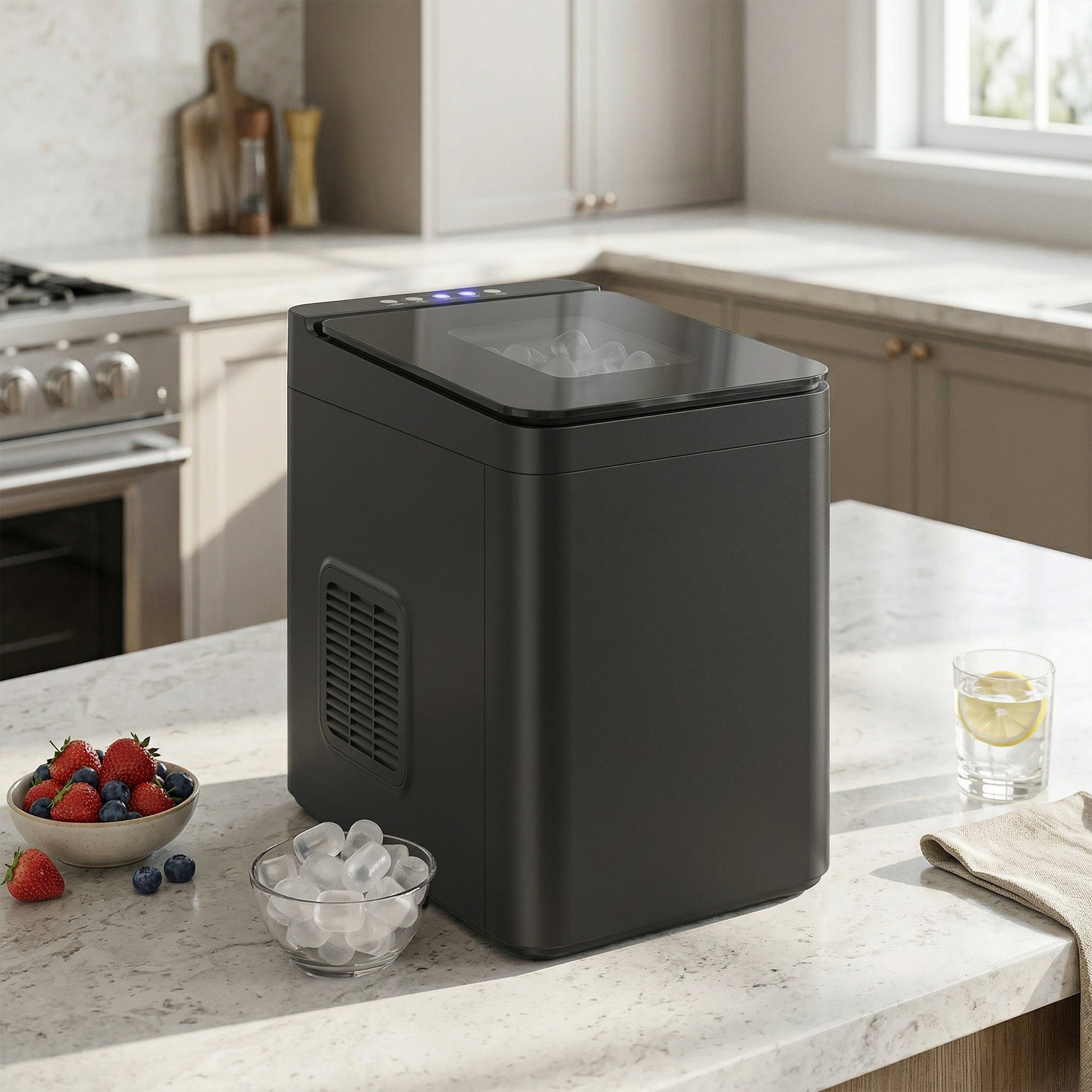 Ice Maker Machine Countertop, 12kg/24H, 9 Cubes in 7 Mins, 2 Sizes, Self-Cleaning Compact Ice Cube Maker with Scoop and Basket for Home Office Kitchen RV, Black