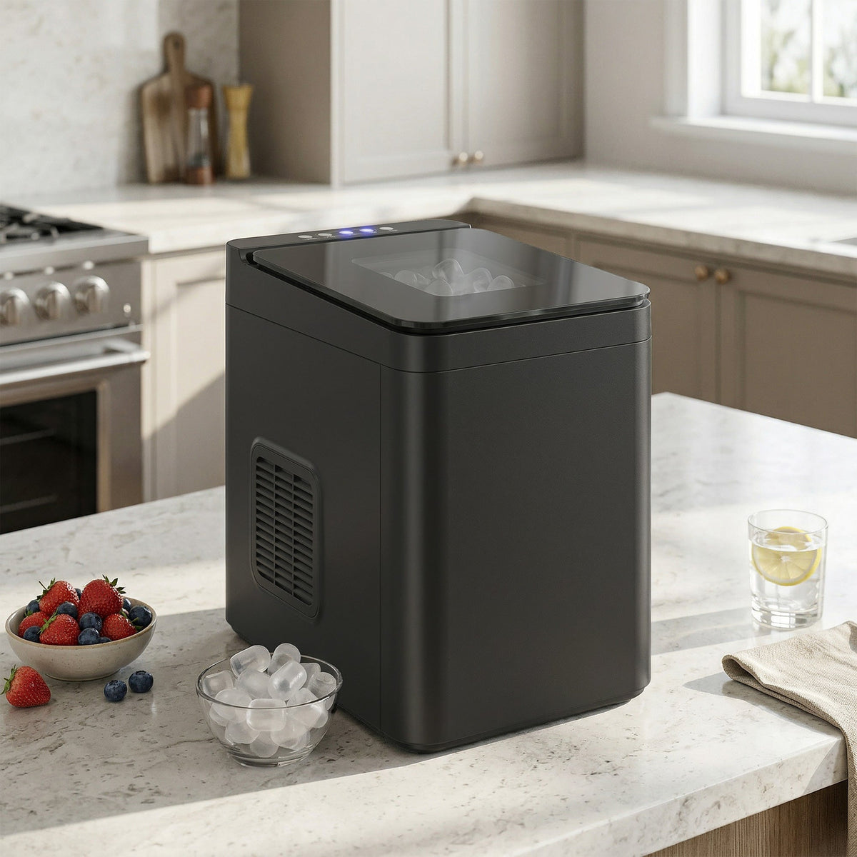 Ice Maker Machine Countertop, 12kg/24H, 9 Cubes in 7 Mins, 2 Sizes, Self-Cleaning Compact Ice Cube Maker with Scoop and Basket for Home Office Kitchen RV, Black