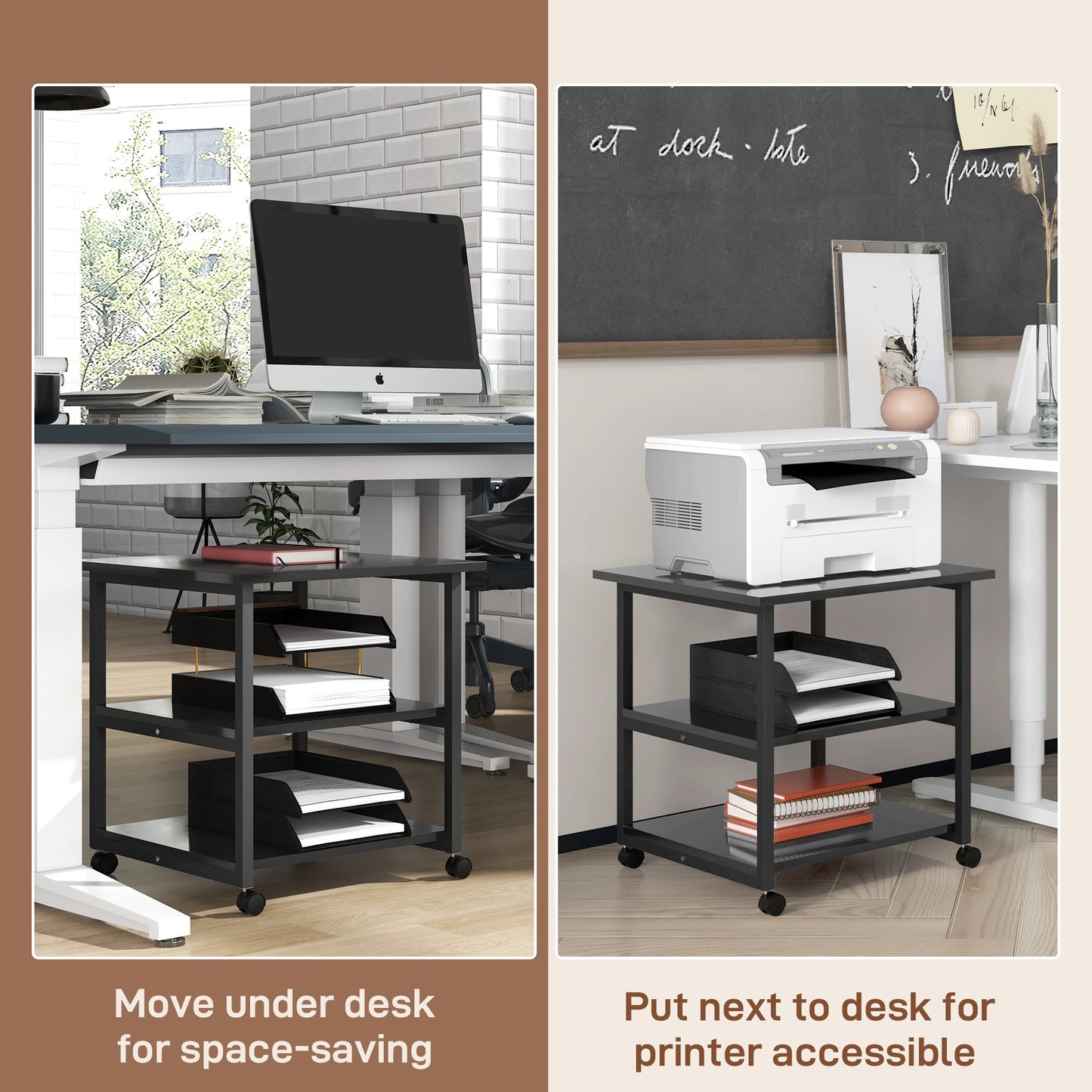 HOMCOM 3-Tier Printer Stand with Storage Shelf, Mobile Printer Table on Wheels, 50 x 50 x 52.5cm Rolling Printer Cart for Home Office, Black