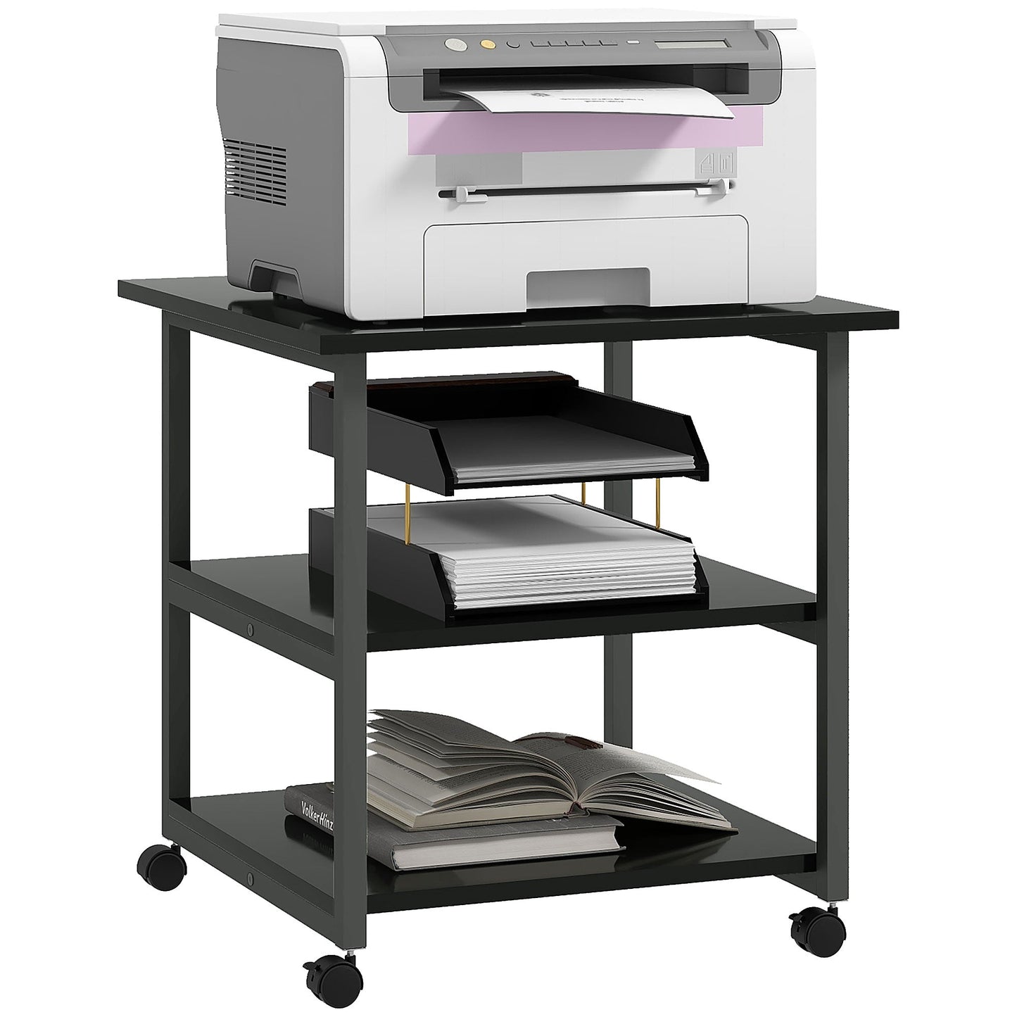 HOMCOM 3-Tier Printer Stand with Storage Shelf, Mobile Printer Table on Wheels, 50 x 50 x 52.5cm Rolling Printer Cart for Home Office, Black