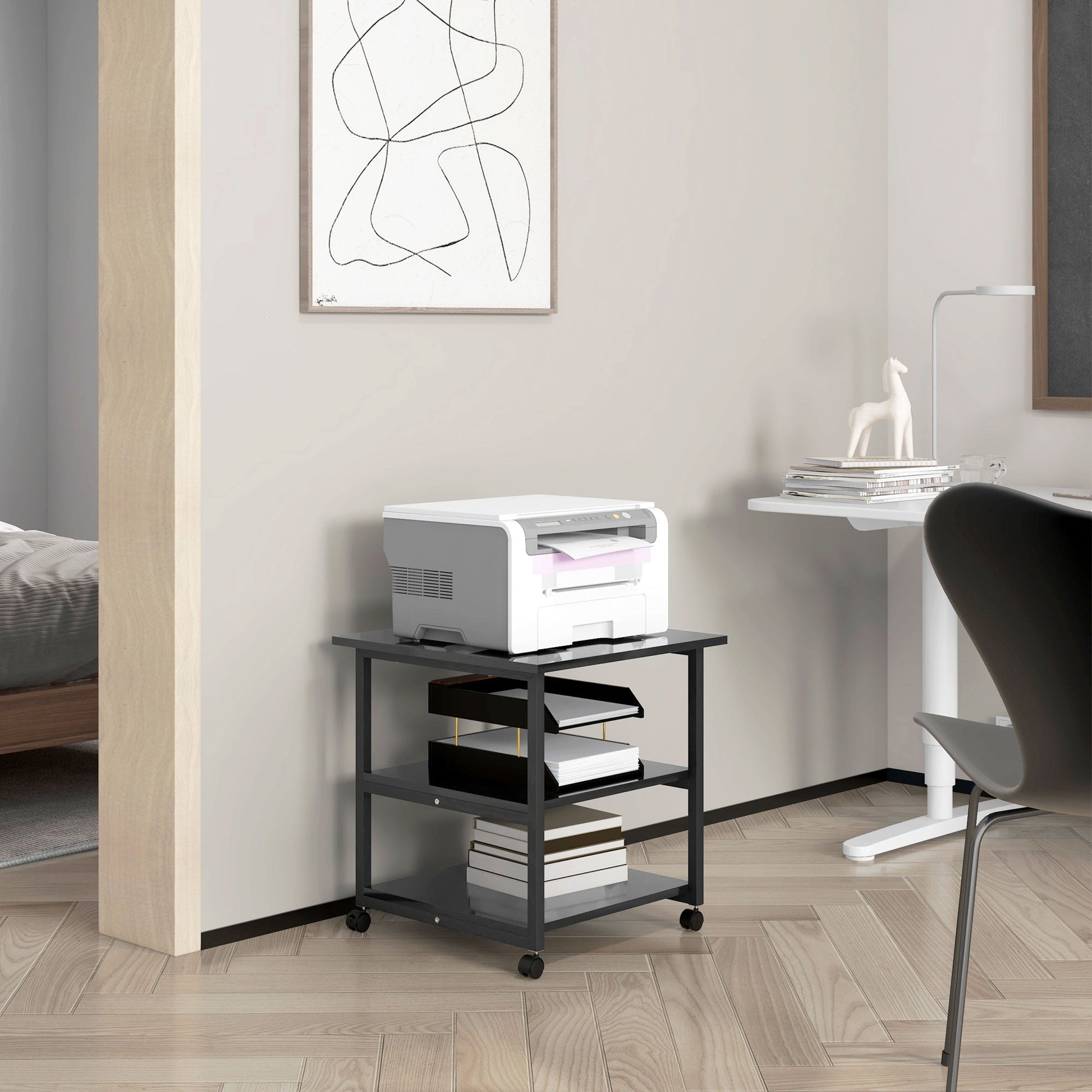 HOMCOM 3-Tier Printer Stand with Storage Shelf, Mobile Printer Table on Wheels, 50 x 50 x 52.5cm Rolling Printer Cart for Home Office, Black