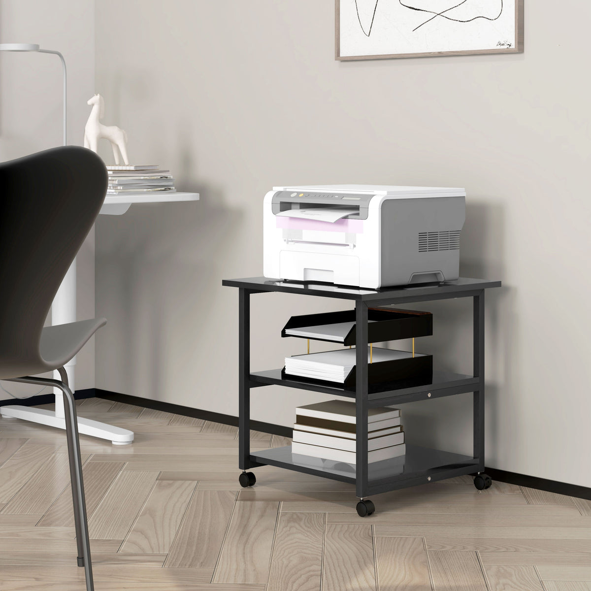 HOMCOM 3-Tier Printer Stand with Storage Shelf, Mobile Printer Table on Wheels, 50 x 50 x 52.5cm Rolling Printer Cart for Home Office, Black