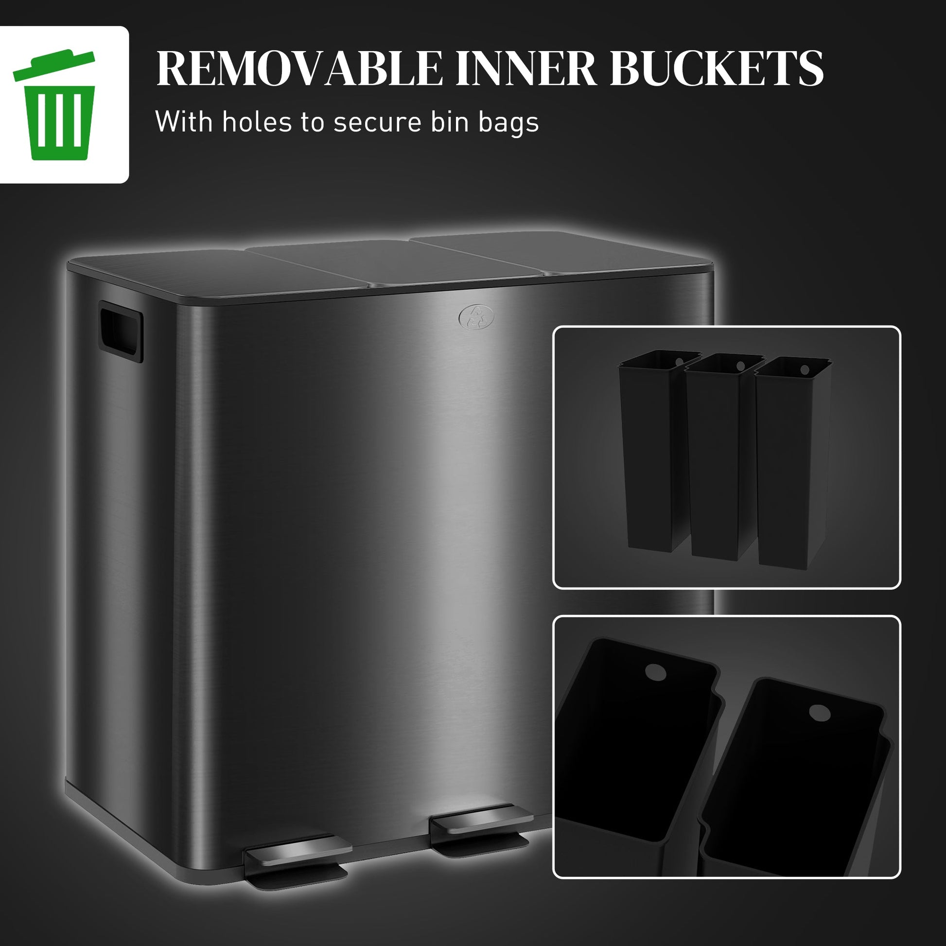 HOMCOM 45L Kitchen Bin, Stainless Steel Pedal Bin with 3 Compartments, Soft Close Lid, Removable Inner Buckets, Fingerprint-Proof for Recycling and Waste, 3 x 15L, Black