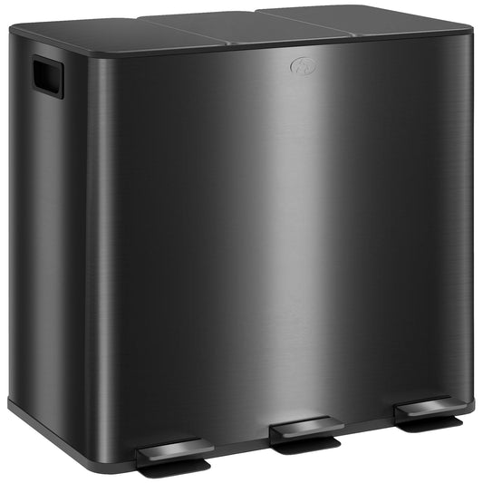 HOMCOM 45L Kitchen Bin, Stainless Steel Pedal Bin with 3 Compartments, Soft Close Lid, Removable Inner Buckets, Fingerprint-Proof for Recycling and Waste, 3 x 15L, Black