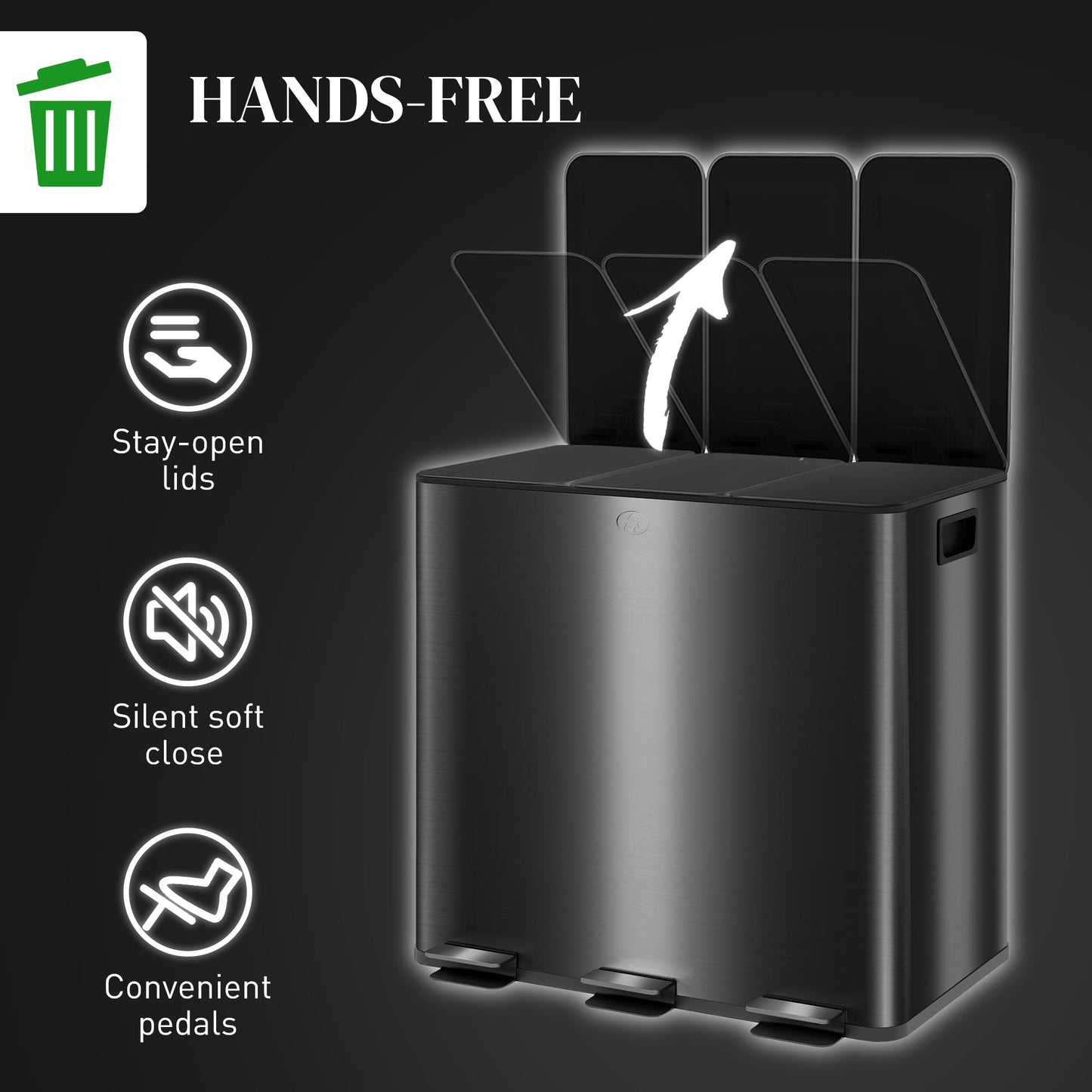 HOMCOM 45L Kitchen Bin, Stainless Steel Pedal Bin with 3 Compartments, Soft Close Lid, Removable Inner Buckets, Fingerprint-Proof for Recycling and Waste, 3 x 15L, Black