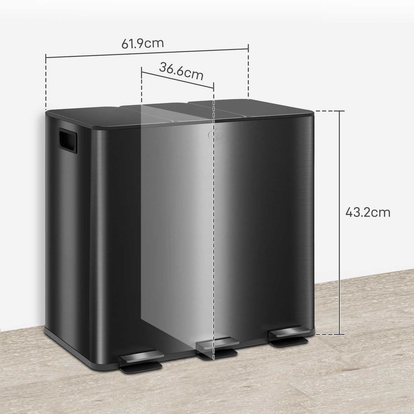 HOMCOM 45L Kitchen Bin, Stainless Steel Pedal Bin with 3 Compartments, Soft Close Lid, Removable Inner Buckets, Fingerprint-Proof for Recycling and Waste, 3 x 15L, Black