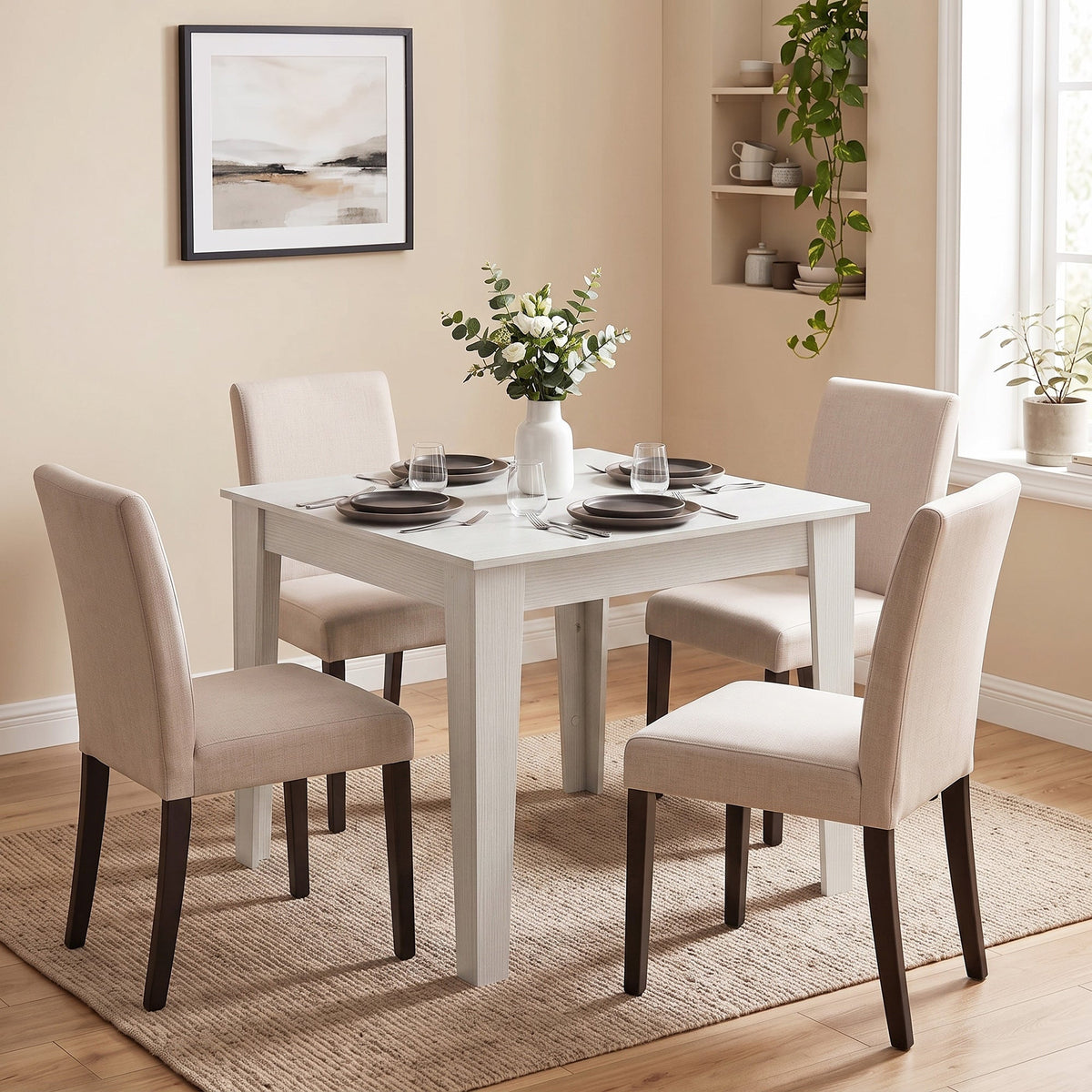 Dining Table for 4, 80L x 80W x 75Hcm, Modern Square Kitchen Table, for Dining Room, Kitchen, Living Room, White