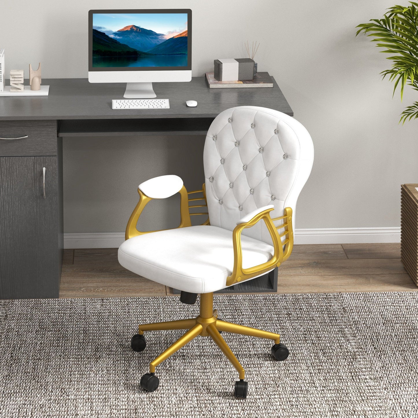 Vinsetto Office Chair, Swivel Desk Chair, Velvet Vanity Chair with Adjustable Height and Rolling Wheels for Home Work Study, Cream White