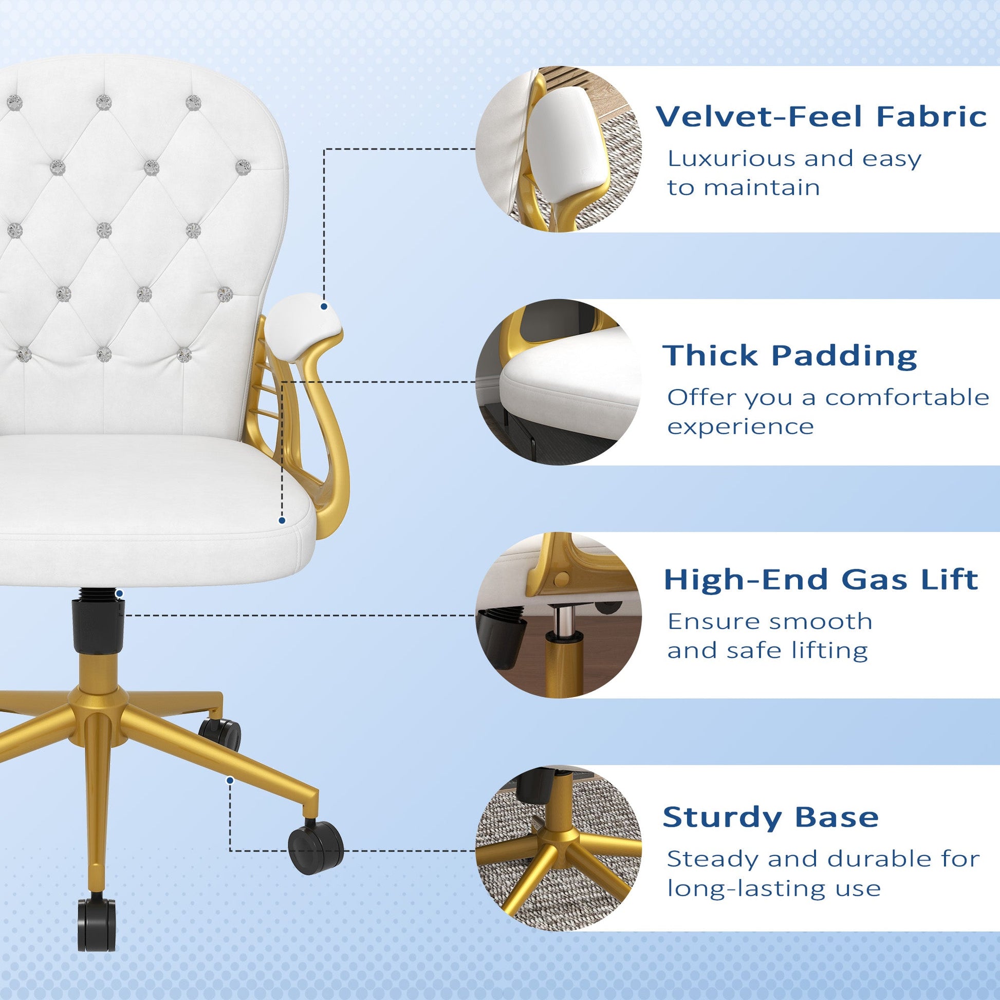 Vinsetto Office Chair, Swivel Desk Chair, Velvet Vanity Chair with Adjustable Height and Rolling Wheels for Home Work Study, Cream White