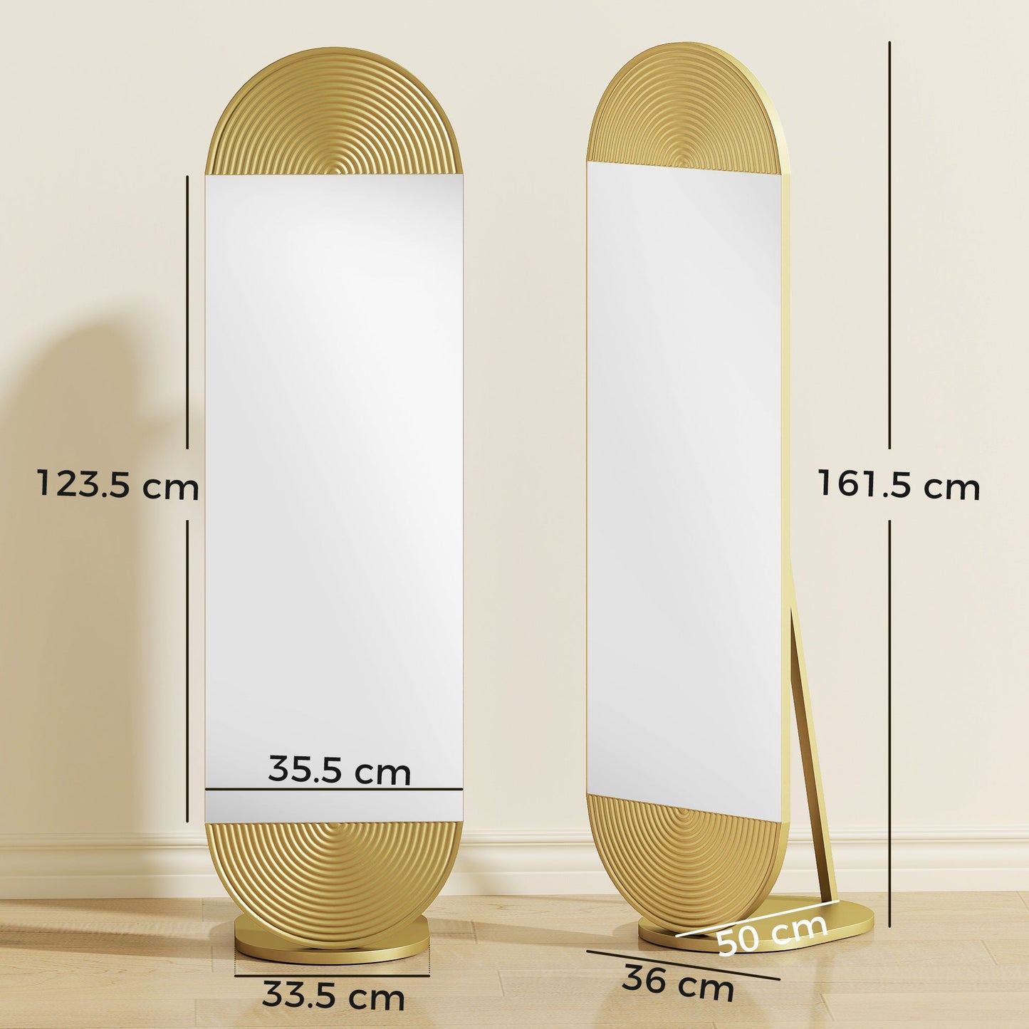 Wavy Full Length Mirror, 50 x 161 cm Free Standing Mirror with Metal Frame and Solid Base, for Bedroom, Living Room, Gold Tone