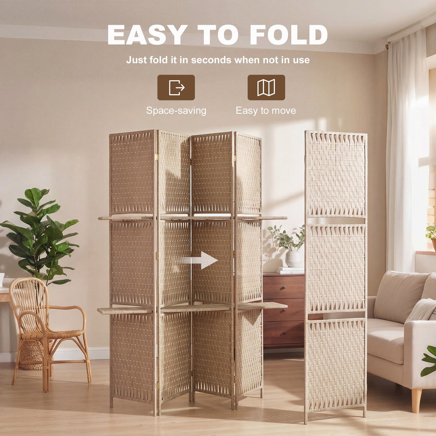 4-Panel Room Divider with Shelves, Wave Fibre Freestanding Folding Privacy Screen Panels, Partition Wall Divider for Indoor Bedroom Office, 180 cm, Natural Wood Finish