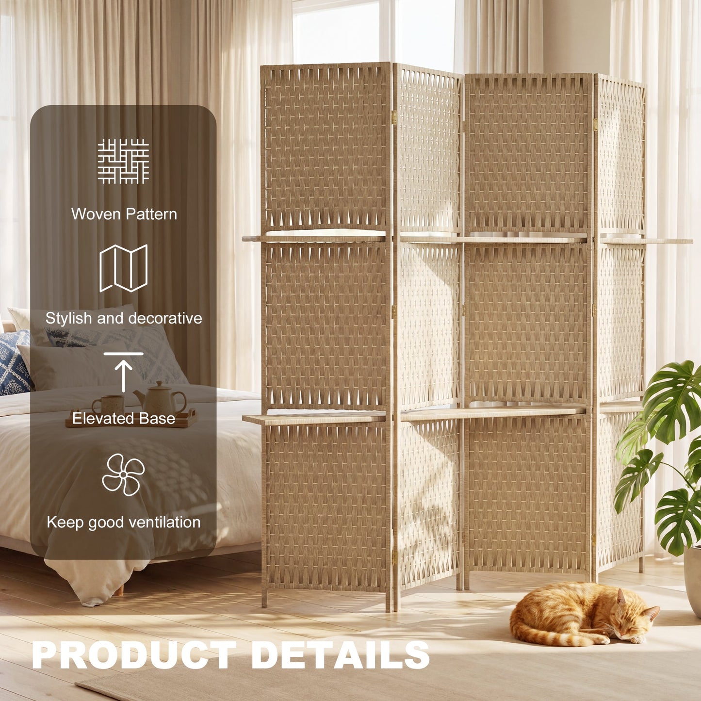 4-Panel Room Divider with Shelves, Wave Fibre Freestanding Folding Privacy Screen Panels, Partition Wall Divider for Indoor Bedroom Office, 180 cm, Natural Wood Finish