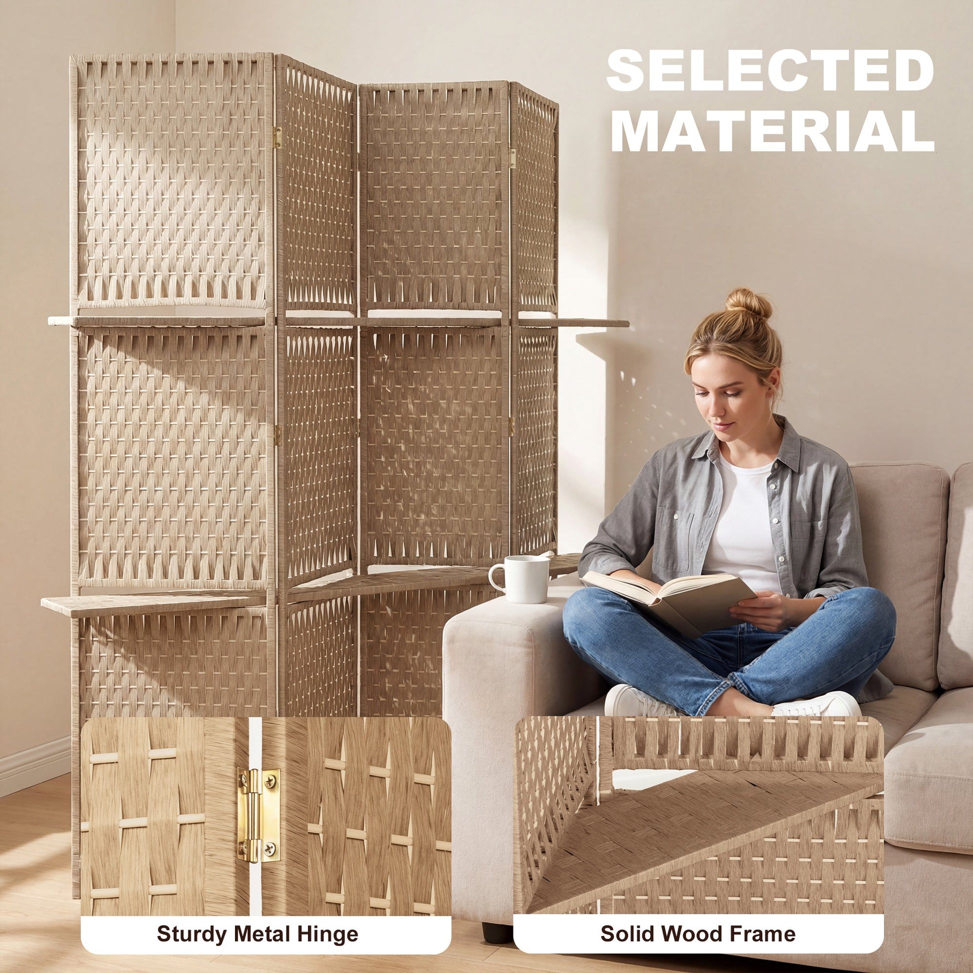 4-Panel Room Divider with Shelves, Wave Fibre Freestanding Folding Privacy Screen Panels, Partition Wall Divider for Indoor Bedroom Office, 180 cm, Natural Wood Finish