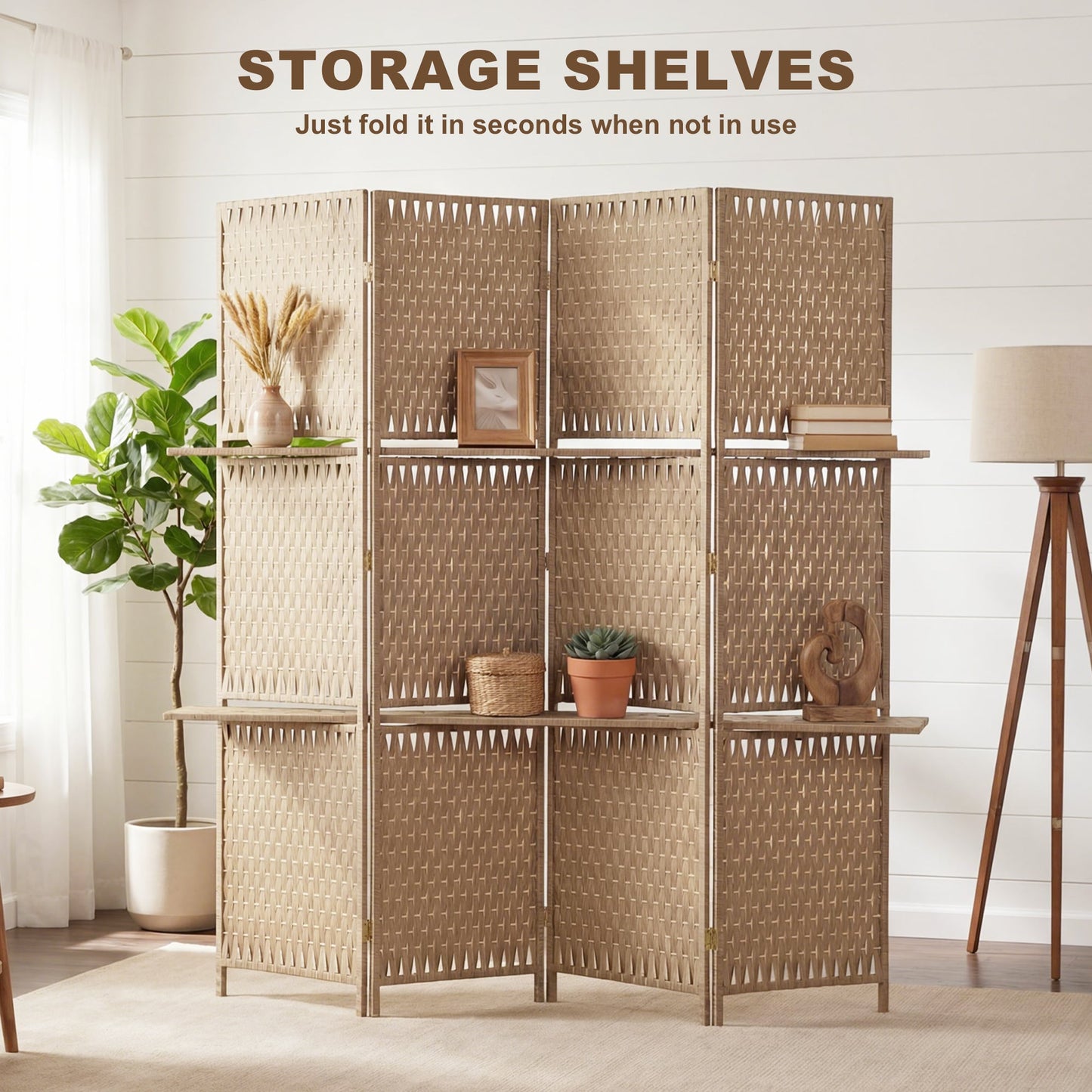 4-Panel Room Divider with Shelves, Wave Fibre Freestanding Folding Privacy Screen Panels, Partition Wall Divider for Indoor Bedroom Office, 180 cm, Natural Wood Finish