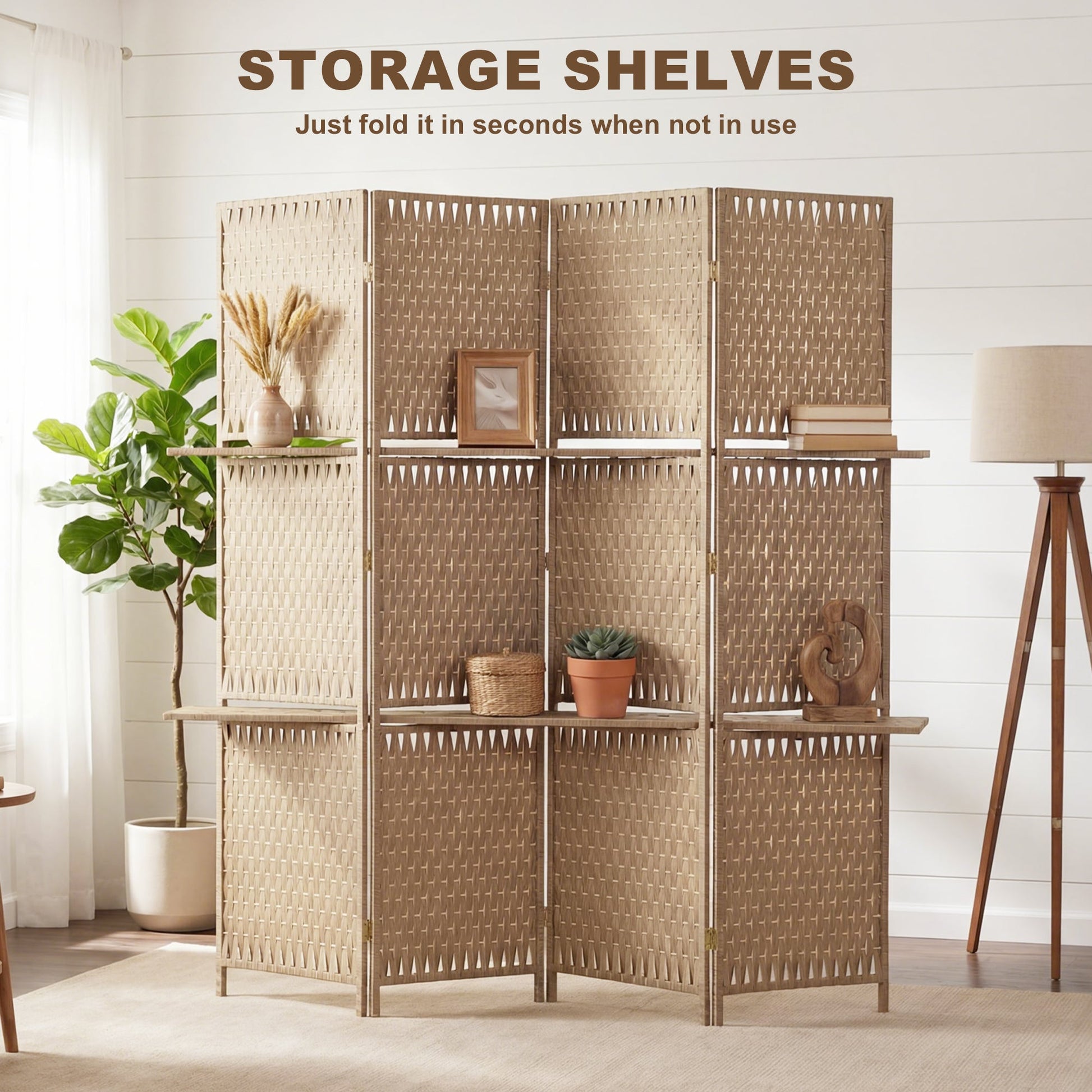 4-Panel Room Divider with Shelves, Wave Fibre Freestanding Folding Privacy Screen Panels, Partition Wall Divider for Indoor Bedroom Office, 180 cm, Natural Wood Finish
