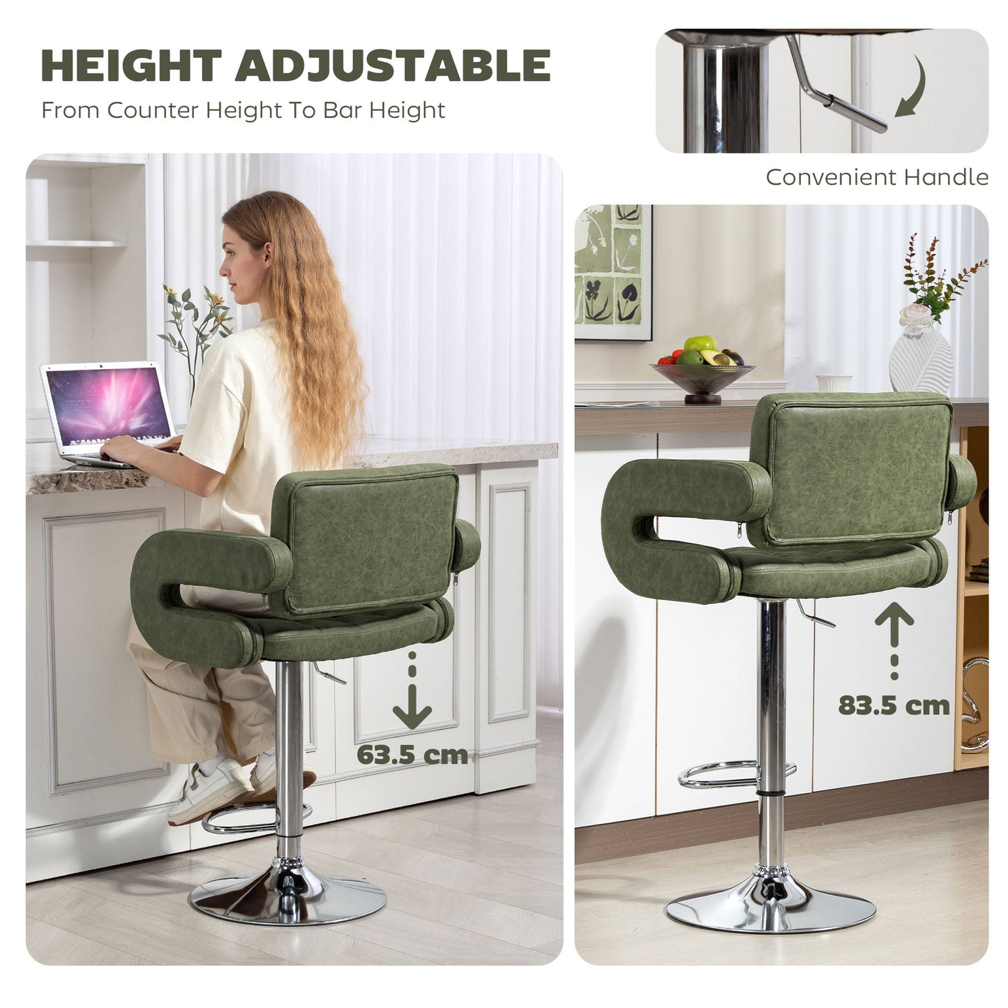 Swivel Bar Stool with Extra Large Seat, PU Leather Upholstered Adjustable Barstool with Back, Arm and Footrest, Breakfast Bar Chair for Bistro, Kitchen, Green