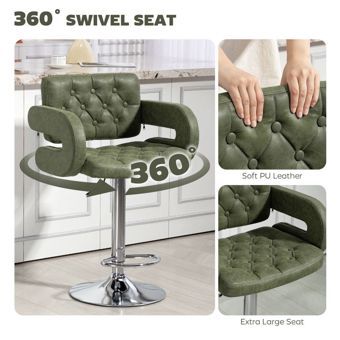 Swivel Bar Stool with Extra Large Seat, PU Leather Upholstered Adjustable Barstool with Back, Arm and Footrest, Breakfast Bar Chair for Bistro, Kitchen, Green