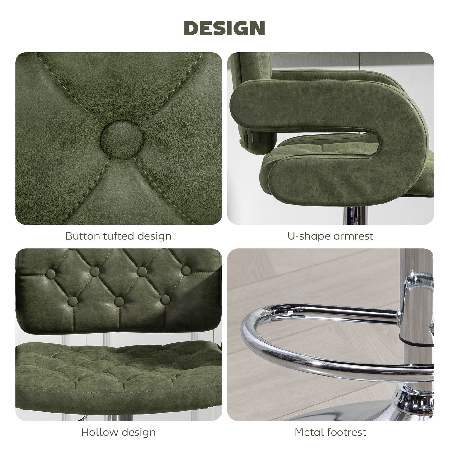 Swivel Bar Stool with Extra Large Seat, PU Leather Upholstered Adjustable Barstool with Back, Arm and Footrest, Breakfast Bar Chair for Bistro, Kitchen, Green