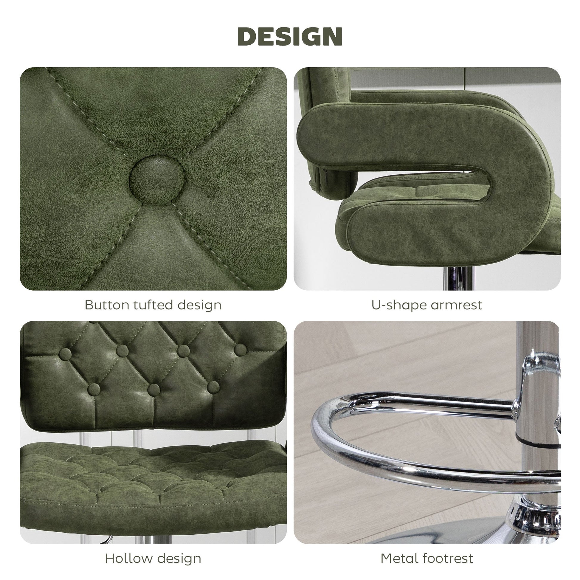 Swivel Bar Stool with Extra Large Seat, PU Leather Upholstered Adjustable Barstool with Back, Arm and Footrest, Breakfast Bar Chair for Bistro, Kitchen, Green