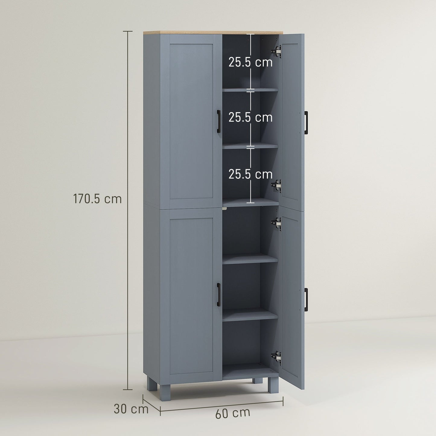 Freestanding Kitchen Cupboard, 4-Door Storage Cabinet with Adjustable Shelves, Modern Kitchen Pantry for Dining Room, 170cm, Grey Wood Effect