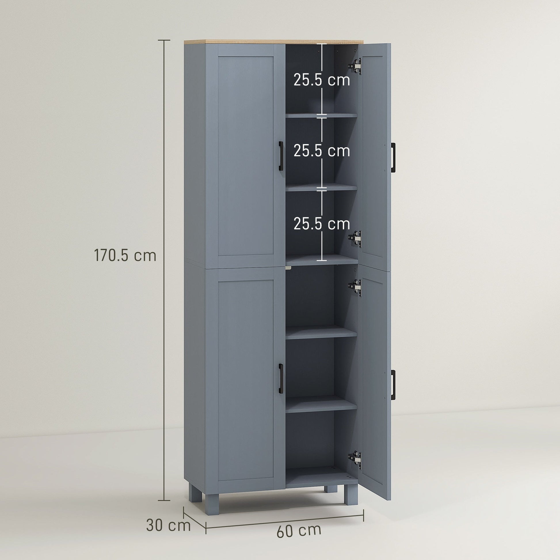 Freestanding Kitchen Cupboard, 4-Door Storage Cabinet with Adjustable Shelves, Modern Kitchen Pantry for Dining Room, 170cm, Grey Wood Effect