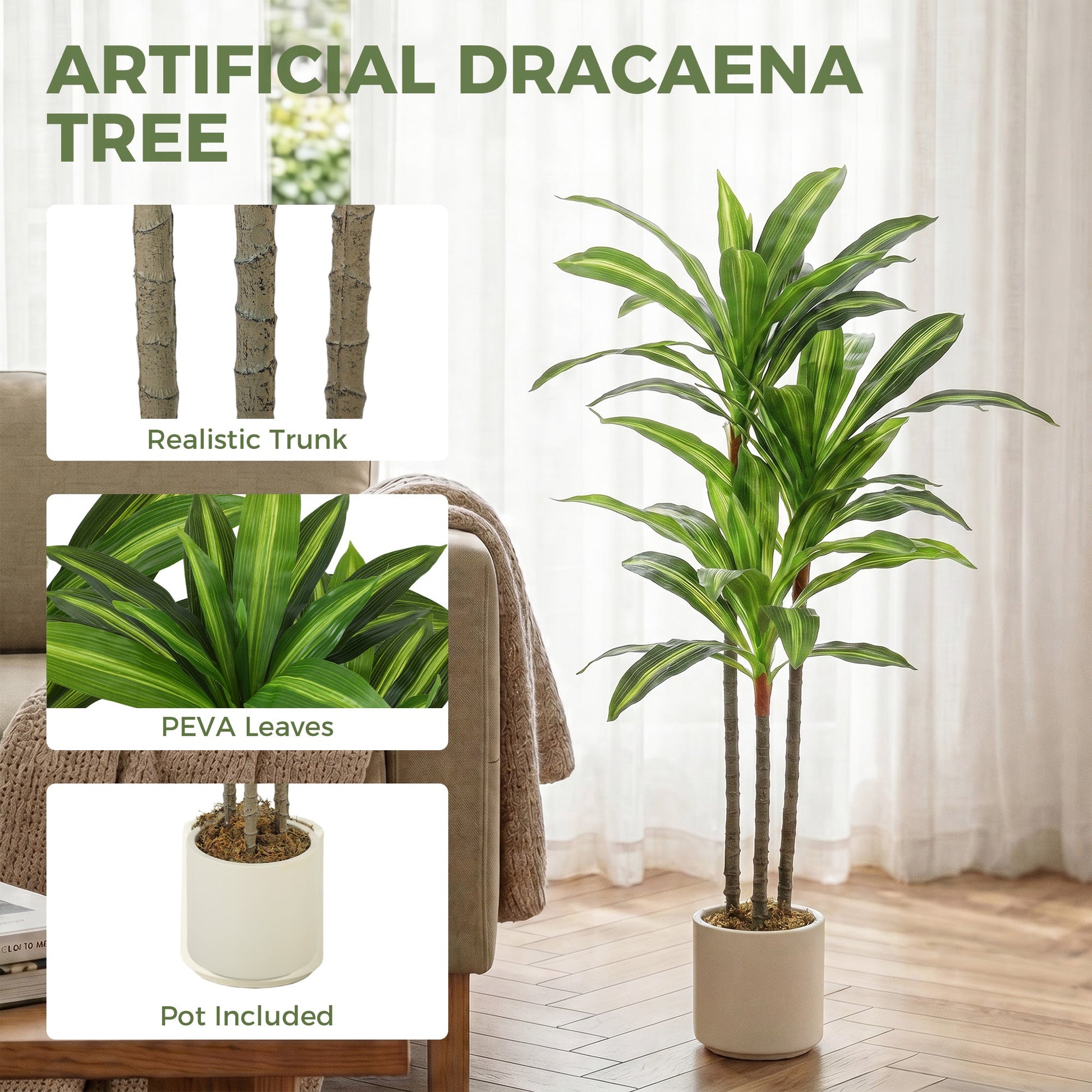 Set of 2 90cm Artificial Dracaena Trees, Decorative Artificial Plants with Bendable Trunks and White Planters for Living Room Bedroom Home Office Decor, Green