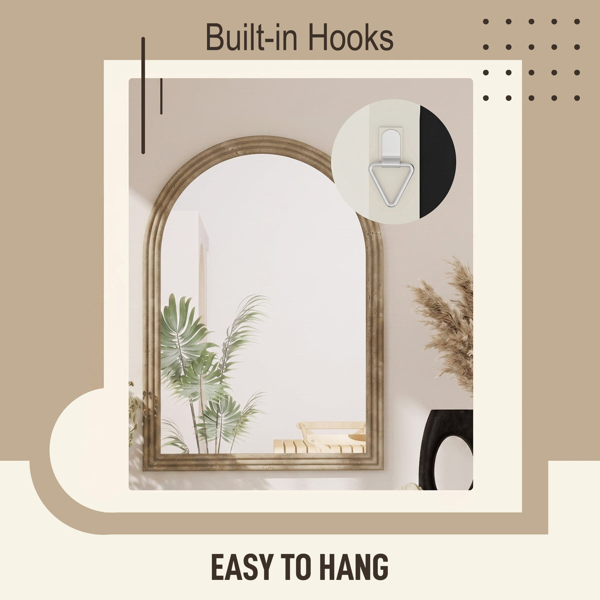 Arched Wall Mirror with Grooved Edge, Modern Wall-Mounted Mirror for Living Room, Entryway, Bedroom, Hallway, 50 x 2 x 70 cm, Brown