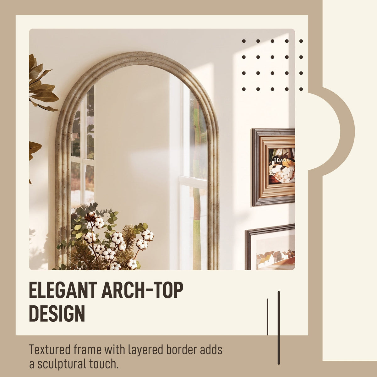 Arched Wall Mirror with Grooved Edge, Modern Wall-Mounted Mirror for Living Room, Entryway, Bedroom, Hallway, 50 x 2 x 70 cm, Brown
