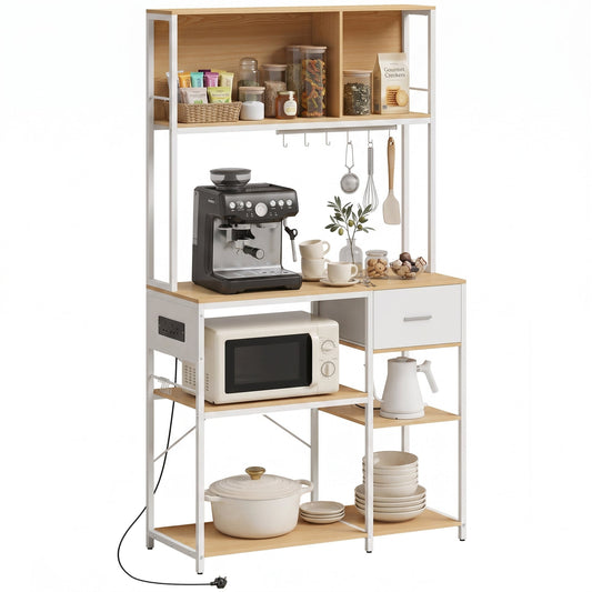 Kitchen Bakers Rack with Power Outlet, Kitchen Storage Rack with USB and Type-C Ports, Drawer, Shelves and 4 Hooks for Tableware and Cookware, Oak and White