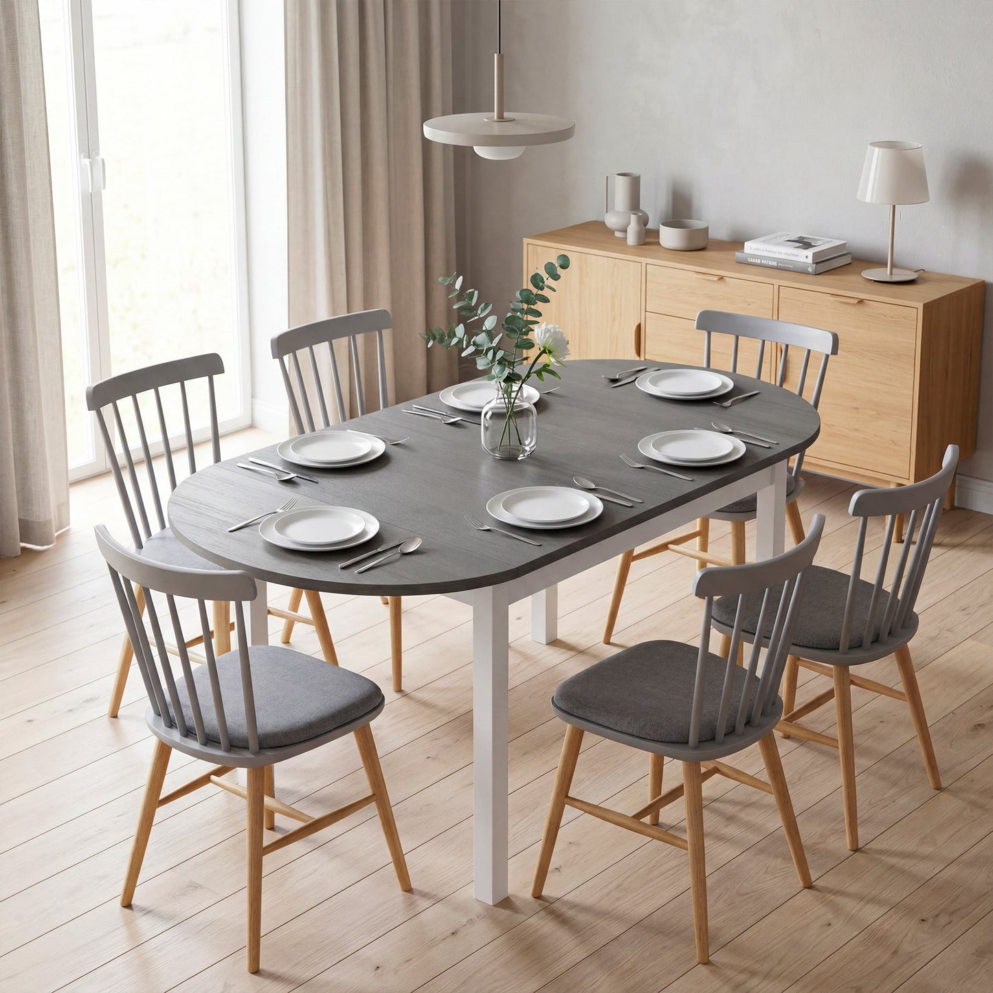 Folding Dining Table for 4-6 People, 140 cm Oval Solid Wood Drop Leaf Table, Kitchen Table for Small Spaces, Dining Room, Living Room, Grey