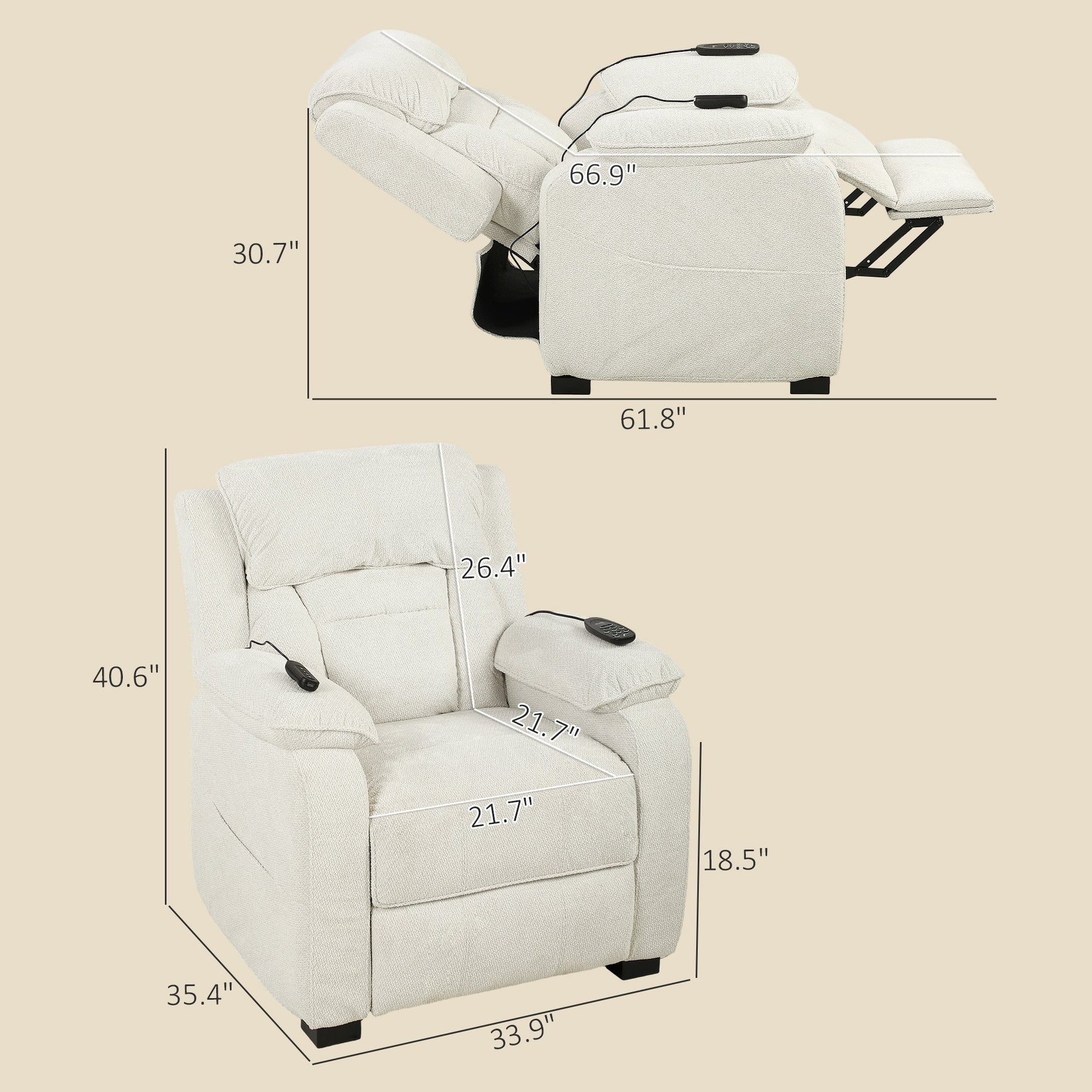 Power Recliner Armchair with Massage and Heat, Velvet-Feel Fabric Quiet Electric Reclining Chair with Wide Spring Seat, Memory Function, High Back, Headrest, USB Port, Side Pockets, Cream White