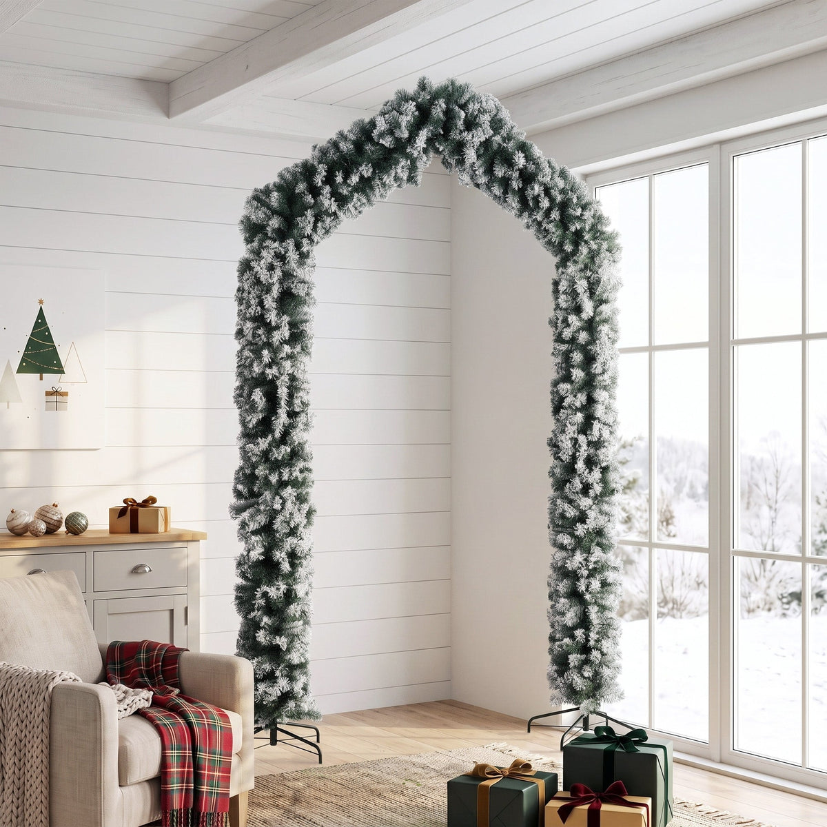 9ft Flocked Snow Christmas Tree Arch, Christmas Arch Doorway Decor with 1400 Branch Tips and Steel Stand, for Indoor Entryway Home Decor, Green