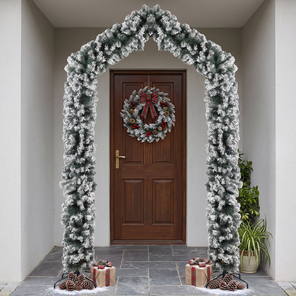 9ft Flocked Snow Christmas Tree Arch, Christmas Arch Doorway Decor with 1400 Branch Tips and Steel Stand, for Indoor Entryway Home Decor, Green