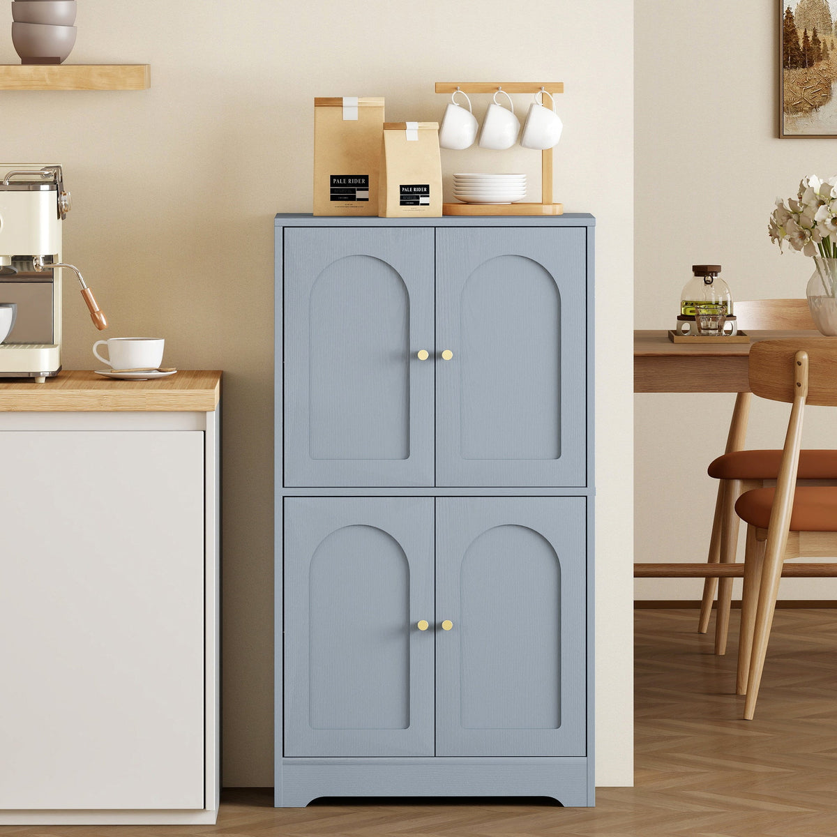 110cm Kitchen Cupboard, Freestanding Kitchen Storage Cabinet with 4 Arched Doors and 2 Adjustable Shelves, Modern Pantry Cupboard for Dining Room, Grey