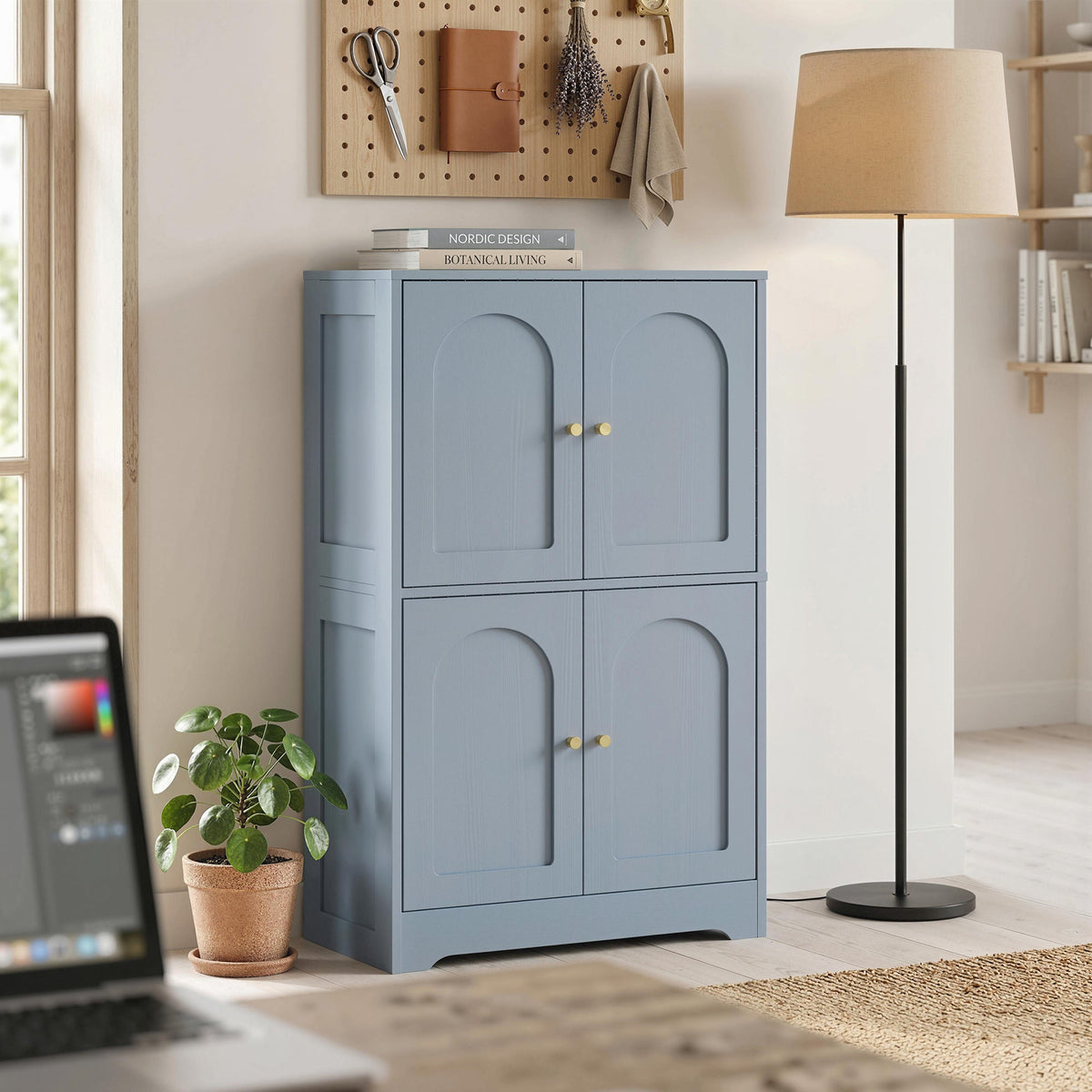 110cm Kitchen Cupboard, Freestanding Kitchen Storage Cabinet with 4 Arched Doors and 2 Adjustable Shelves, Modern Pantry Cupboard for Dining Room, Grey