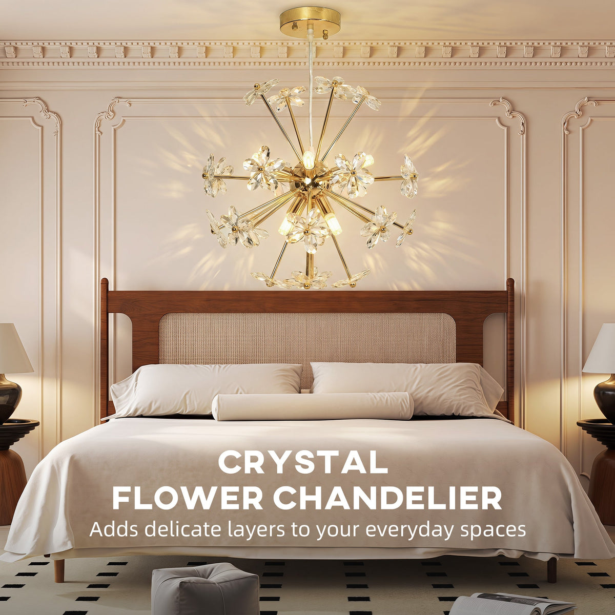 Crystal Chandeliers Ceiling Light with Flower, Modern Pendant Light with Adjustable Height, Ceiling Plate, Crystal Glass for Study, Dining Room, Clear, Bulb Not Included