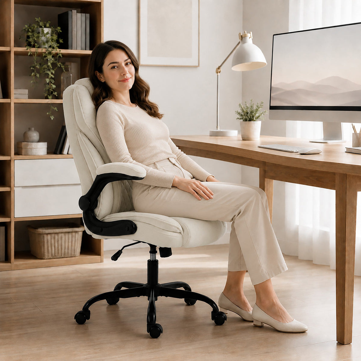 Office Chair, Ergonomic Executive Desk Chair with Padded Flip-up Armrest, Pocket Springs, Swivel Wheels, Multiple Angle Rocking, Adjustable Height, Diamond Fabric for Home Office, Beige