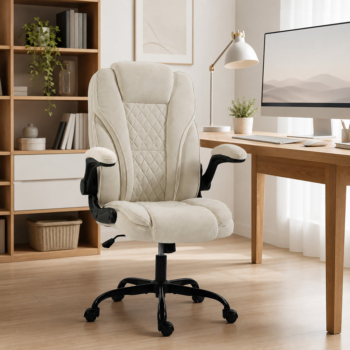Office Chair, Ergonomic Executive Desk Chair with Padded Flip-up Armrest, Pocket Springs, Swivel Wheels, Multiple Angle Rocking, Adjustable Height, Diamond Fabric for Home Office, Beige
