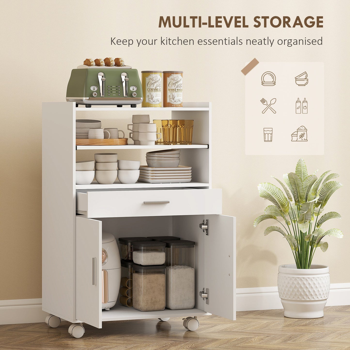 Kitchen Trolley with Wheels, Modern Mobile Microwave Stand with Slide-Out Shelf, Drawer and 2 Doors for Dining Room, 59 x 40 x 92 cm, White