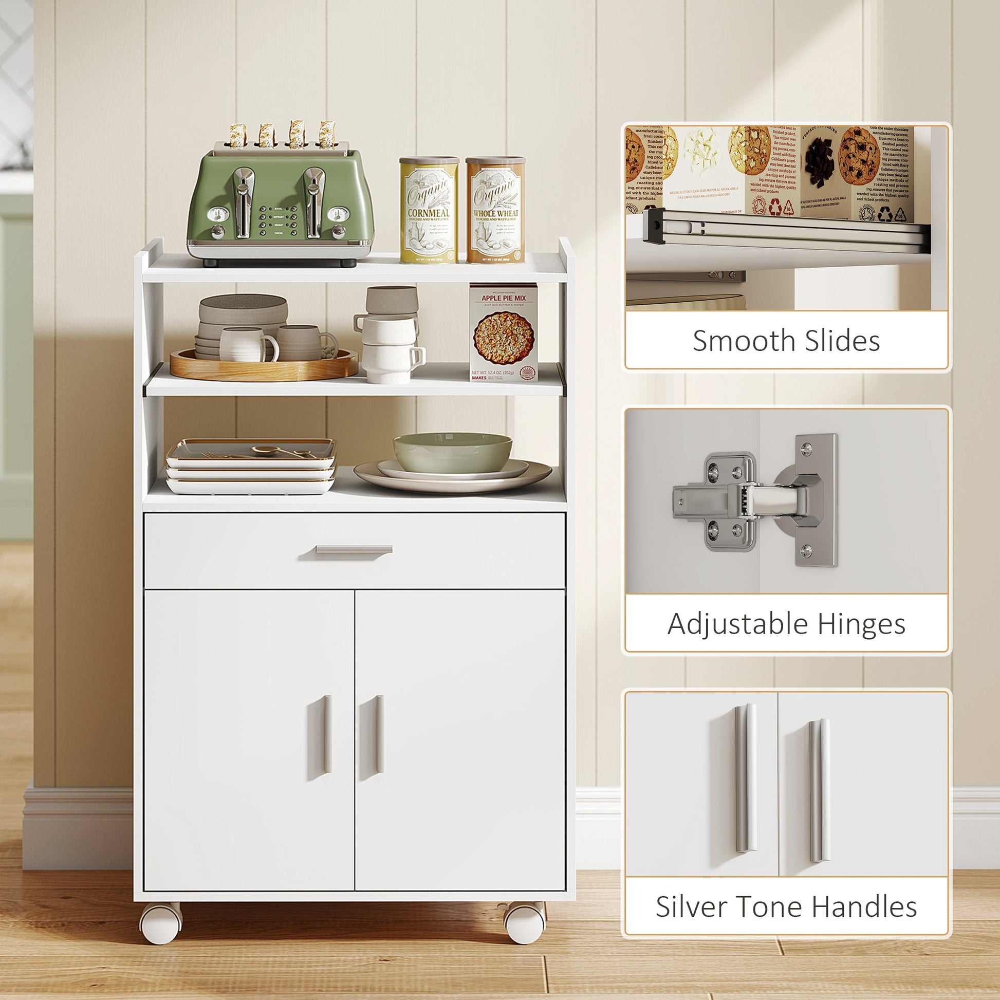 Kitchen Trolley with Wheels, Modern Mobile Microwave Stand with Slide-Out Shelf, Drawer and 2 Doors for Dining Room, 59 x 40 x 92 cm, White