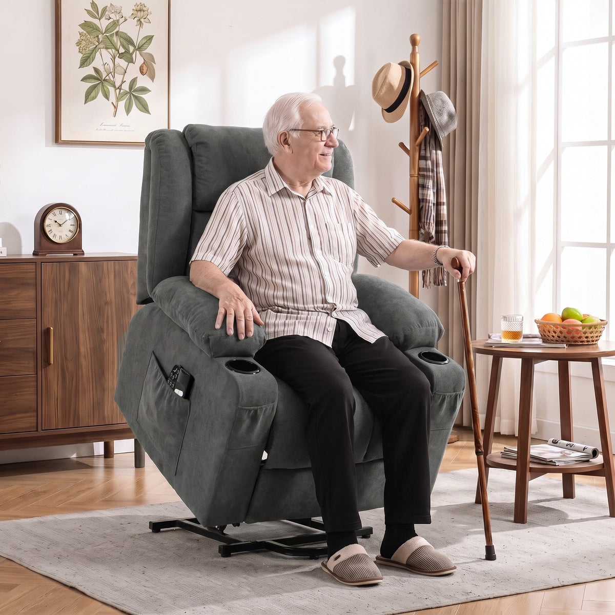 Dual Motor Recliner Chair Lift Chair for Elderly, 55° Electric Riser Recliner Armchair with Massage and Heat, Terry Cloth Power Reclining Lounge Sofa, 2 Cup Holders, Side Pockets, Dark Grey