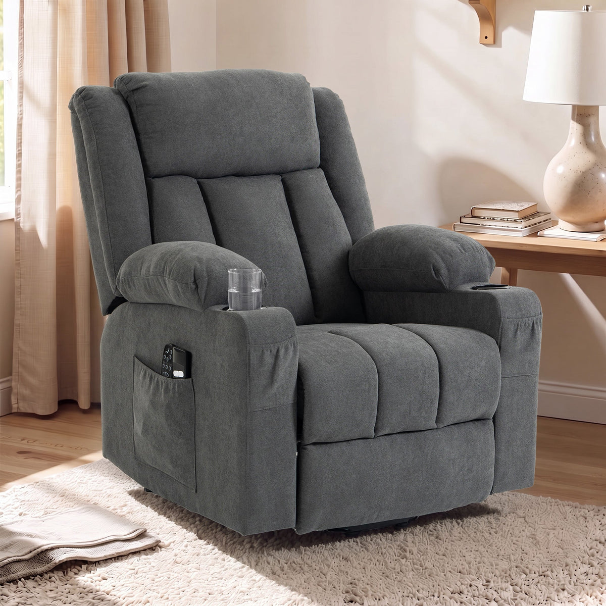 Dual Motor Recliner Chair Lift Chair for Elderly, 55° Electric Riser Recliner Armchair with Massage and Heat, Terry Cloth Power Reclining Lounge Sofa, 2 Cup Holders, Side Pockets, Dark Grey