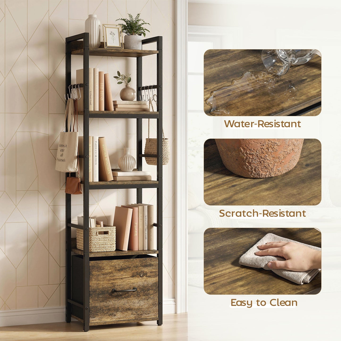 4-Tier Bookshelf, Narrow Bookcase with Drawer, 8 Hooks, Metal Frame, Shelving Unit for Living Room, Bedroom, Home Office, 39 x 26 x 136.5 cm, Rustic Brown