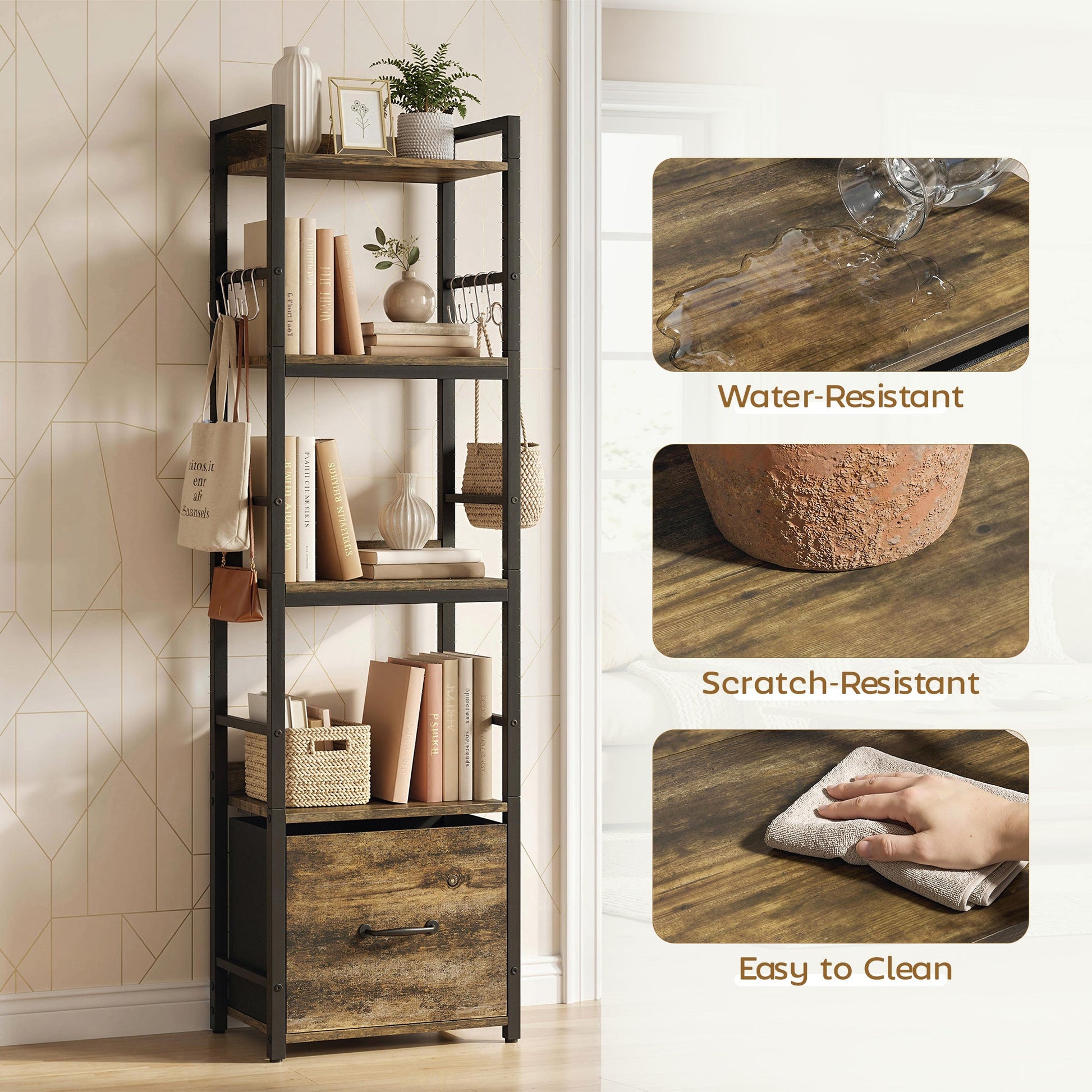 4-Tier Bookshelf, Narrow Bookcase with Drawer, 8 Hooks, Metal Frame, Shelving Unit for Living Room, Bedroom, Home Office, 39 x 26 x 136.5 cm, Rustic Brown