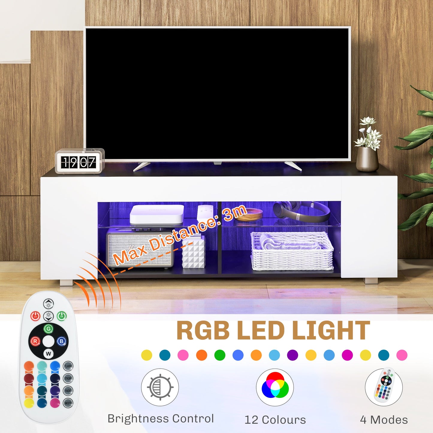 HOMCOM TV Stand Cabinet, 145cm Modern TV Unit with Glass Shelves, RGB LED Light for Living Room, Entertainment Unit for 32 40 43 50 52 55 60 inch 4k TV, White