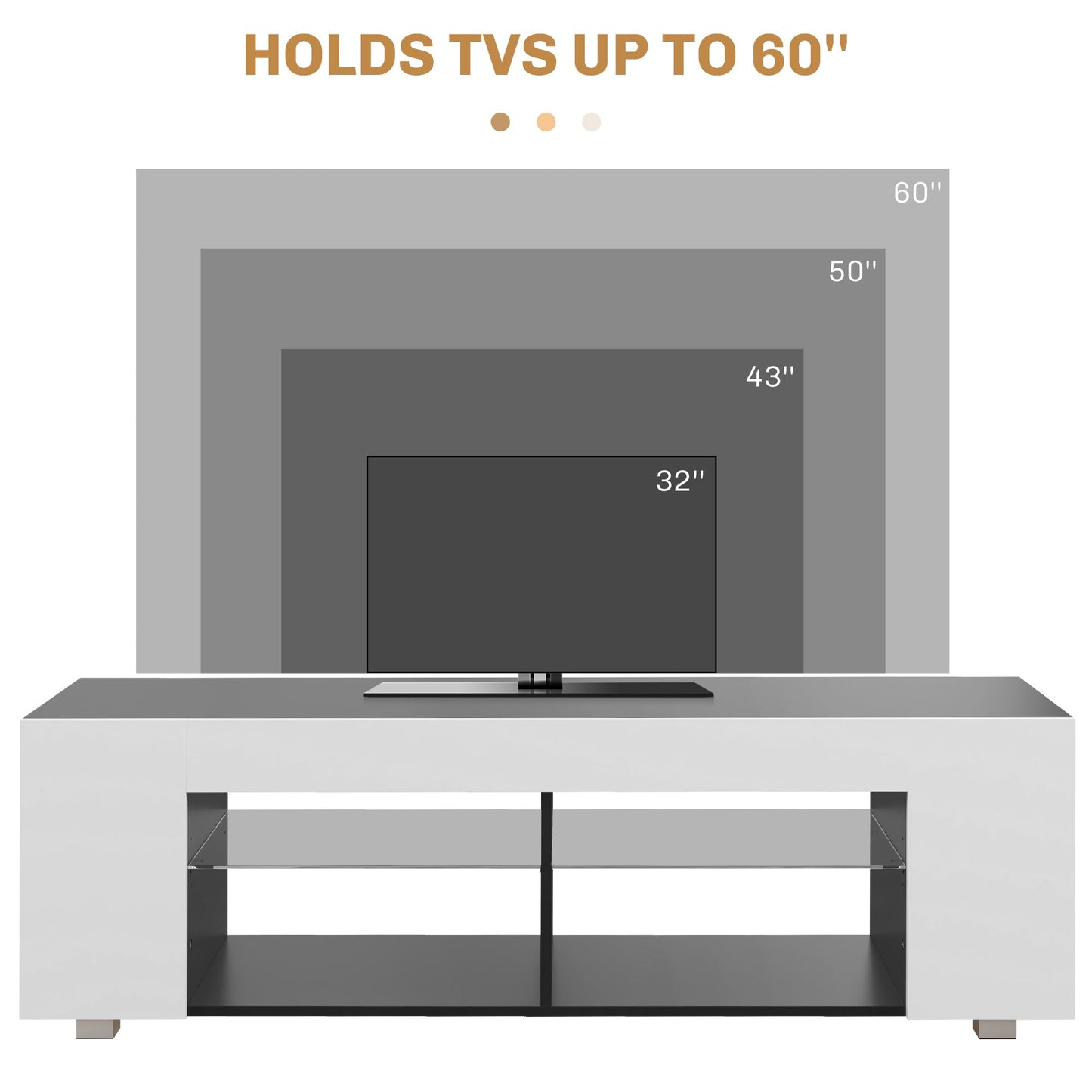 HOMCOM TV Stand Cabinet, 145cm Modern TV Unit with Glass Shelves, RGB LED Light for Living Room, Entertainment Unit for 32 40 43 50 52 55 60 inch 4k TV, White